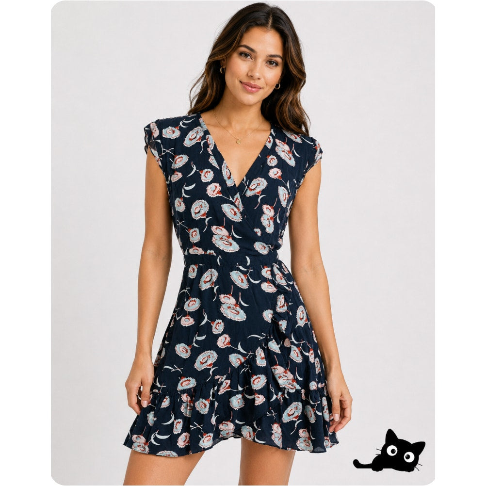 J.Crew Mercantile Navy an Rust Faux Wrap Tiered Ruffle Mini Dress Floral Size 00