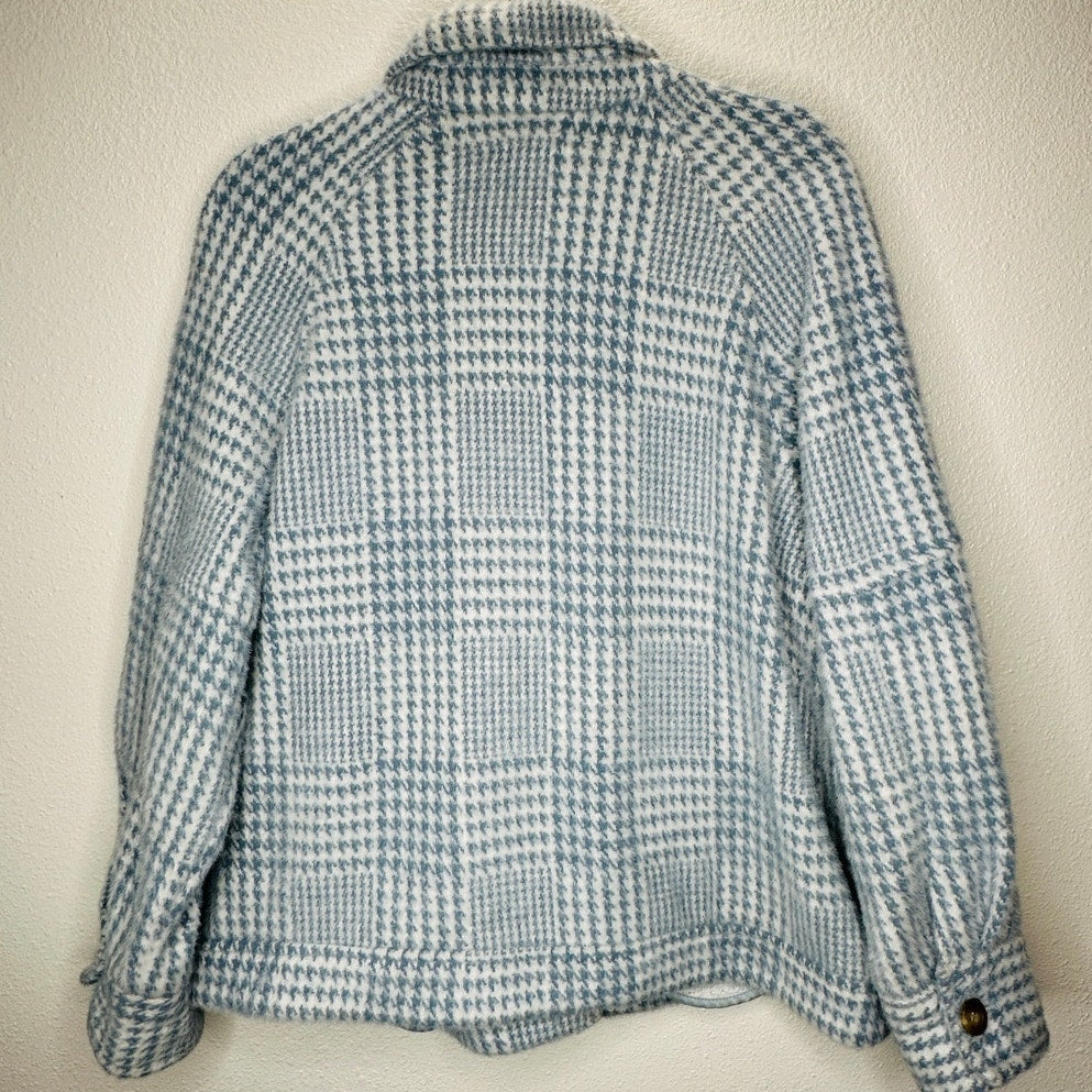 Greylin Blue & White Houndstooth Check Plaid Button Front Collared Jacket L