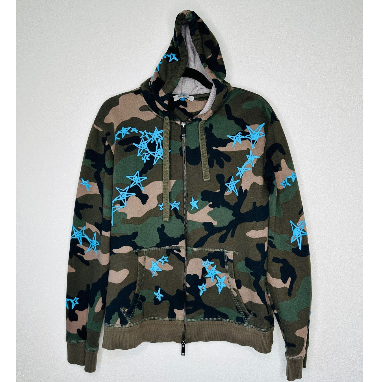 Valentino Army Green Black Tan Camo Print Bright Blue Stars Front Zip Hoodie S