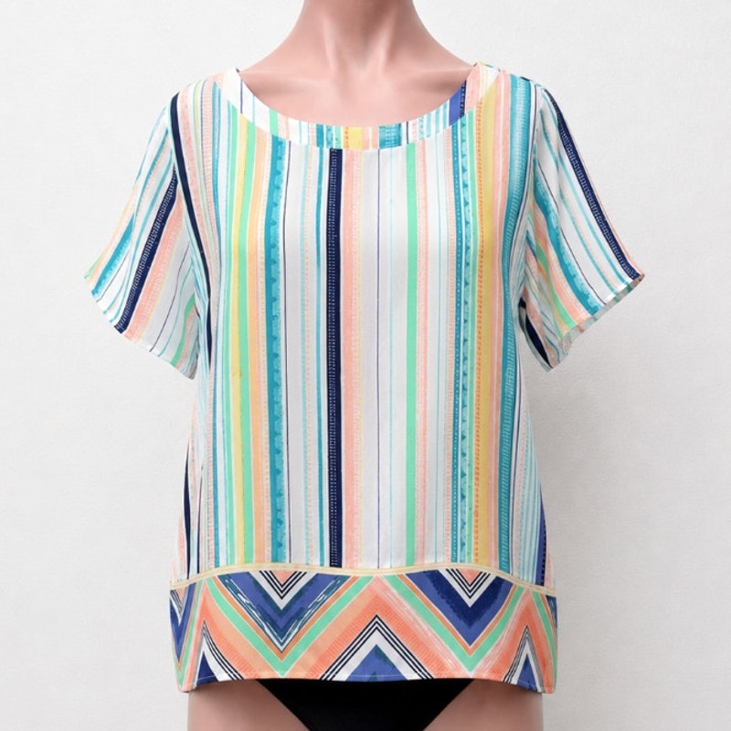 Chico's Aqua Peach and Green White Aztec Striped Boxy Blouse Short Sleeve 1