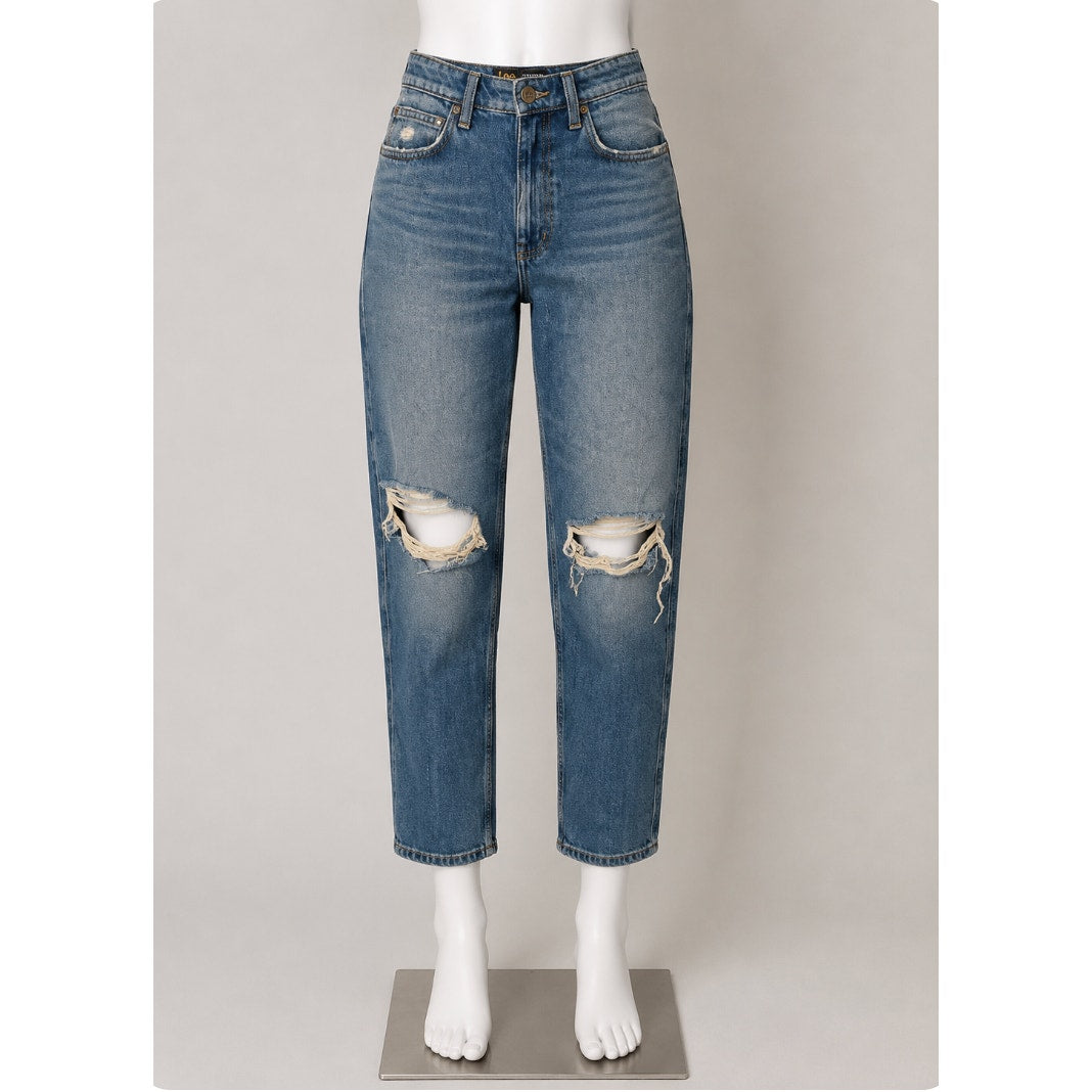 NWT Lee Vintage Medium Blue Wash High Rise Relaxed Stovepipe Distressed Jeans 28