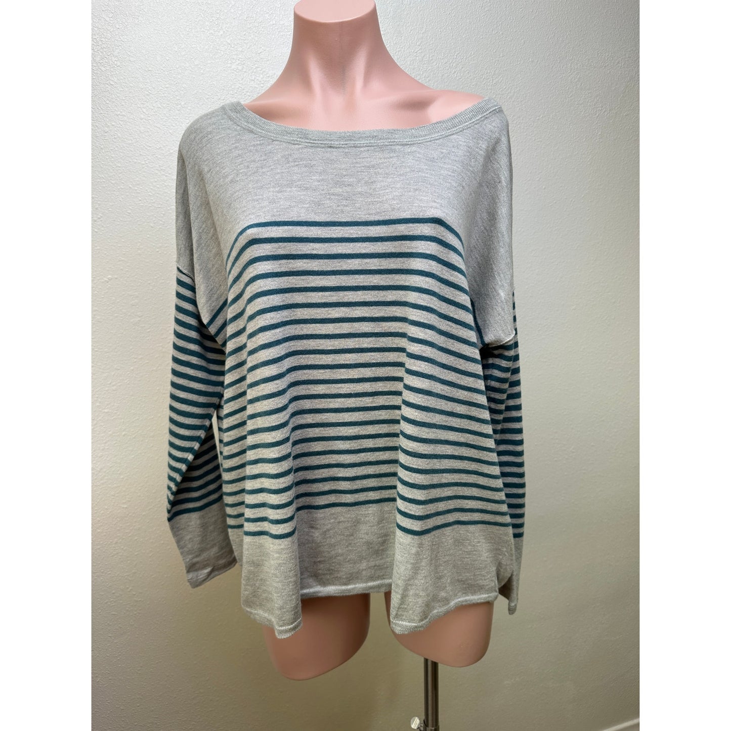 Joie Gray&Teal Striped Lightweight Sweater Top 3/4 Sleeve Boxy L