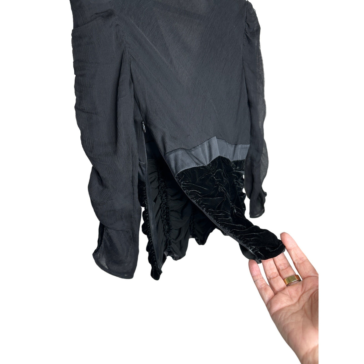 Catherine Malandrino Black Deep-V Gauze Satin Velvet Ruched 3/4 Sleeve Blouse S