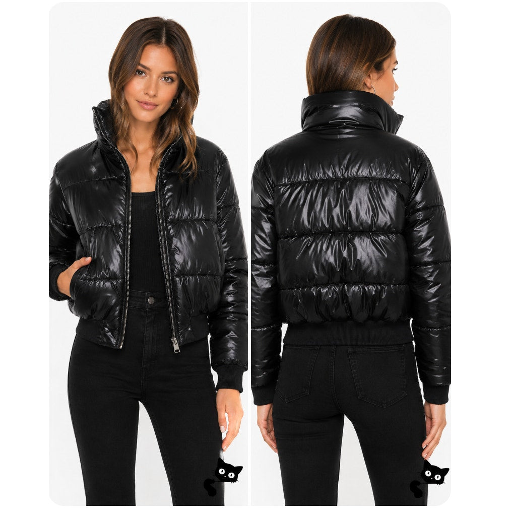 Revolve Lovers + Friends Black Satin Puffer Jacket Banded Hem & Cuff Zip L