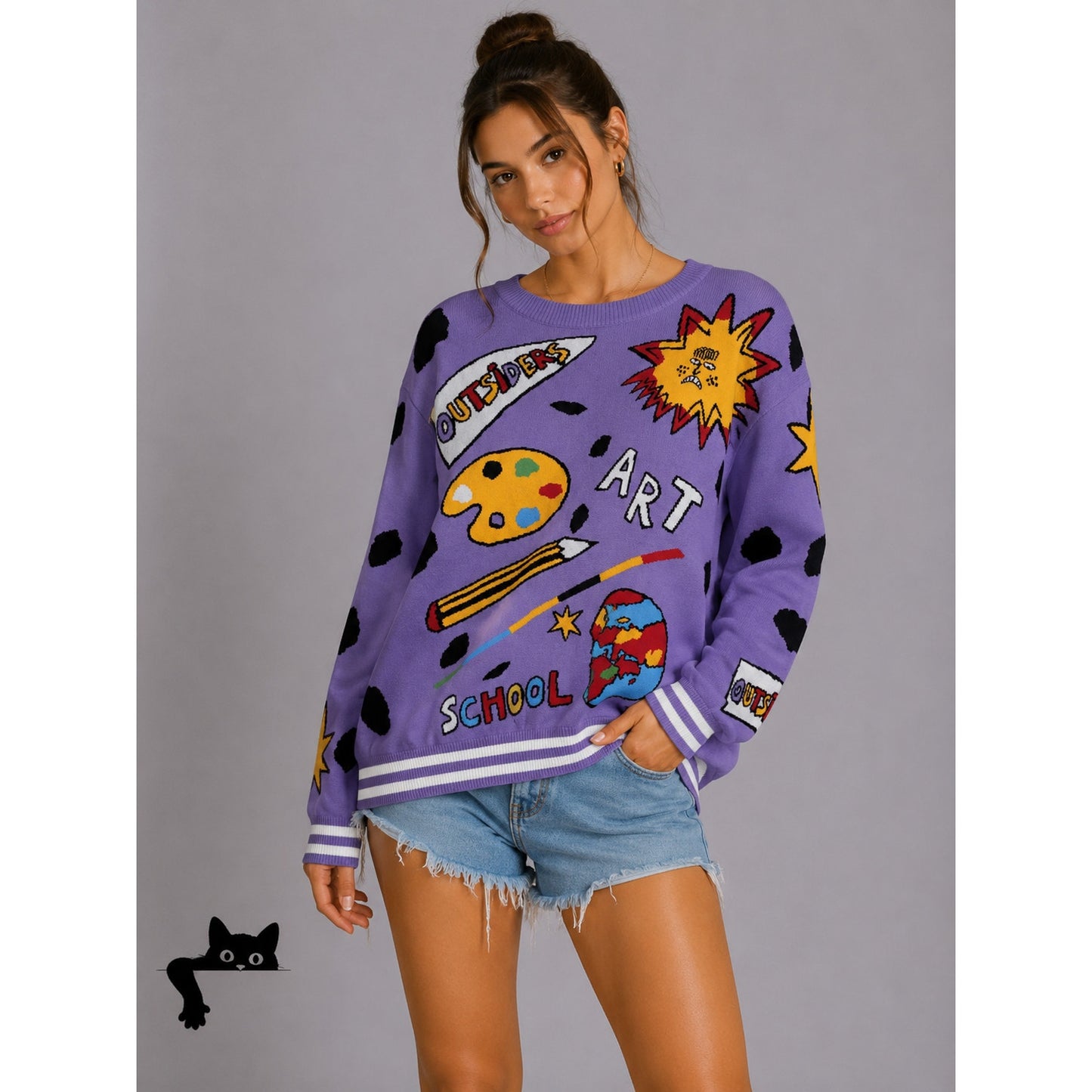 Outsiders Division Unique Purple Multi-Color Art School Graphic Sweatshirt Med