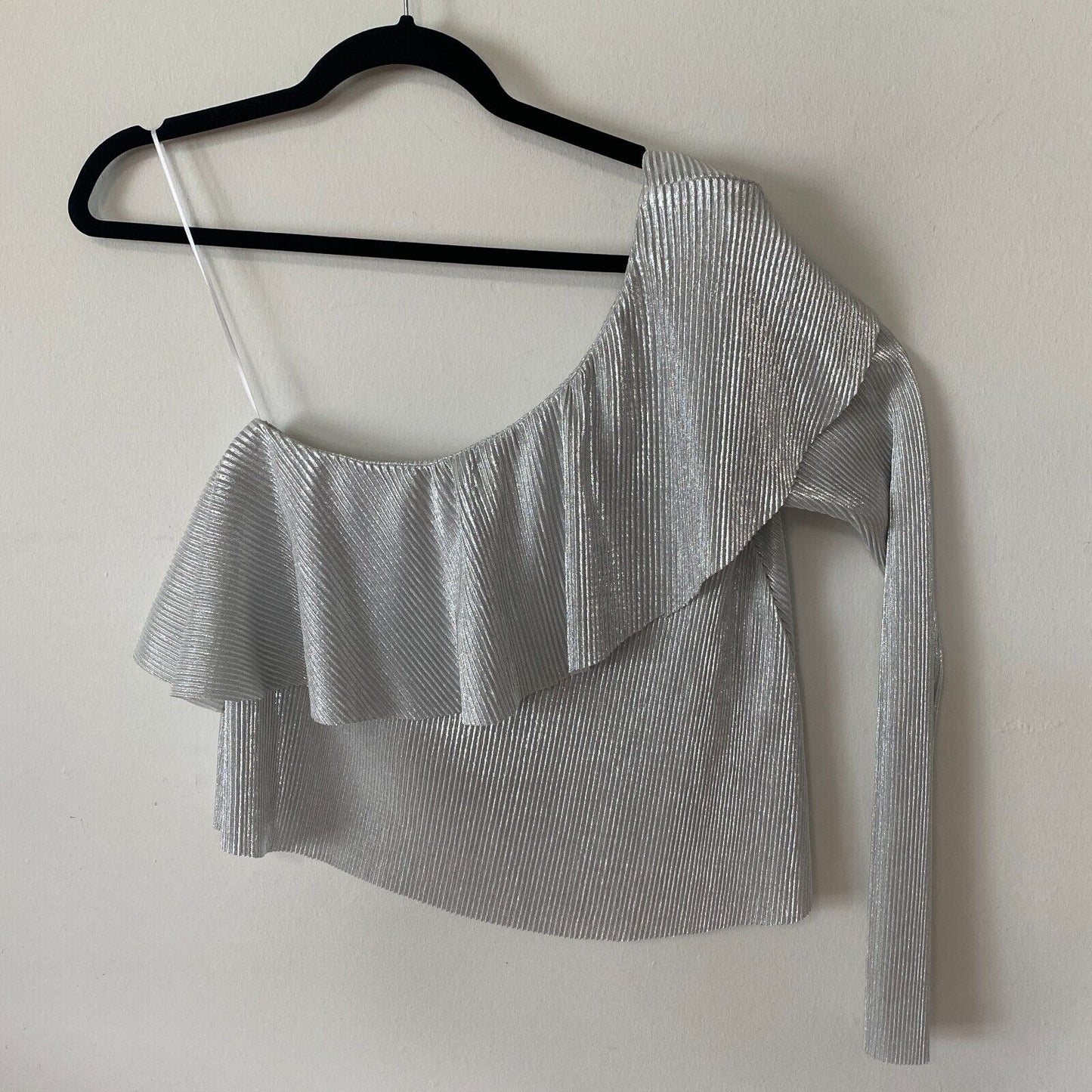 Silver Metallic Shiny Striped Ribbed One Shoulder One Long Sleeve Ruffle Top S
