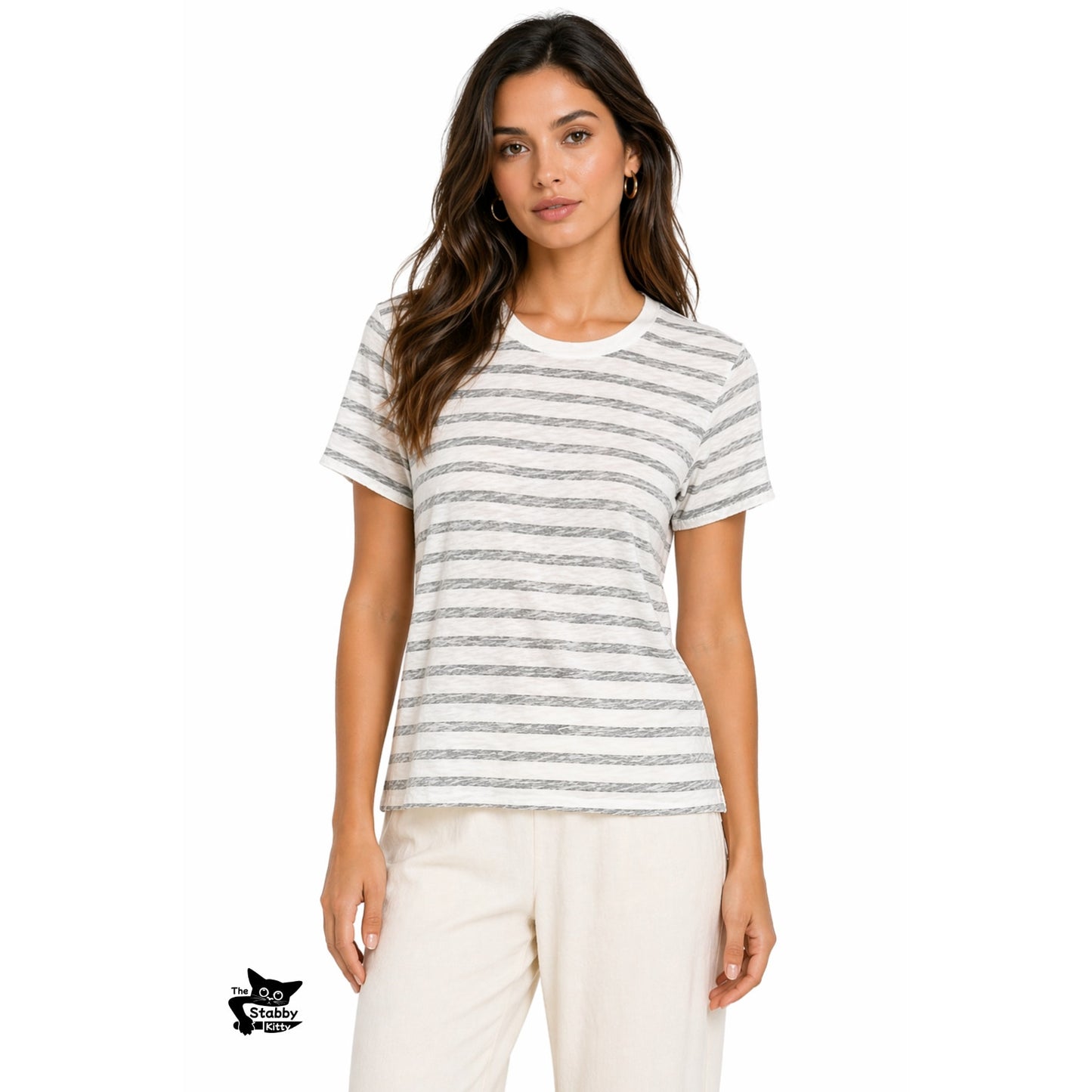 ATM Cream and Green Gray Striped Round Neck Short Sleeve T-shirt