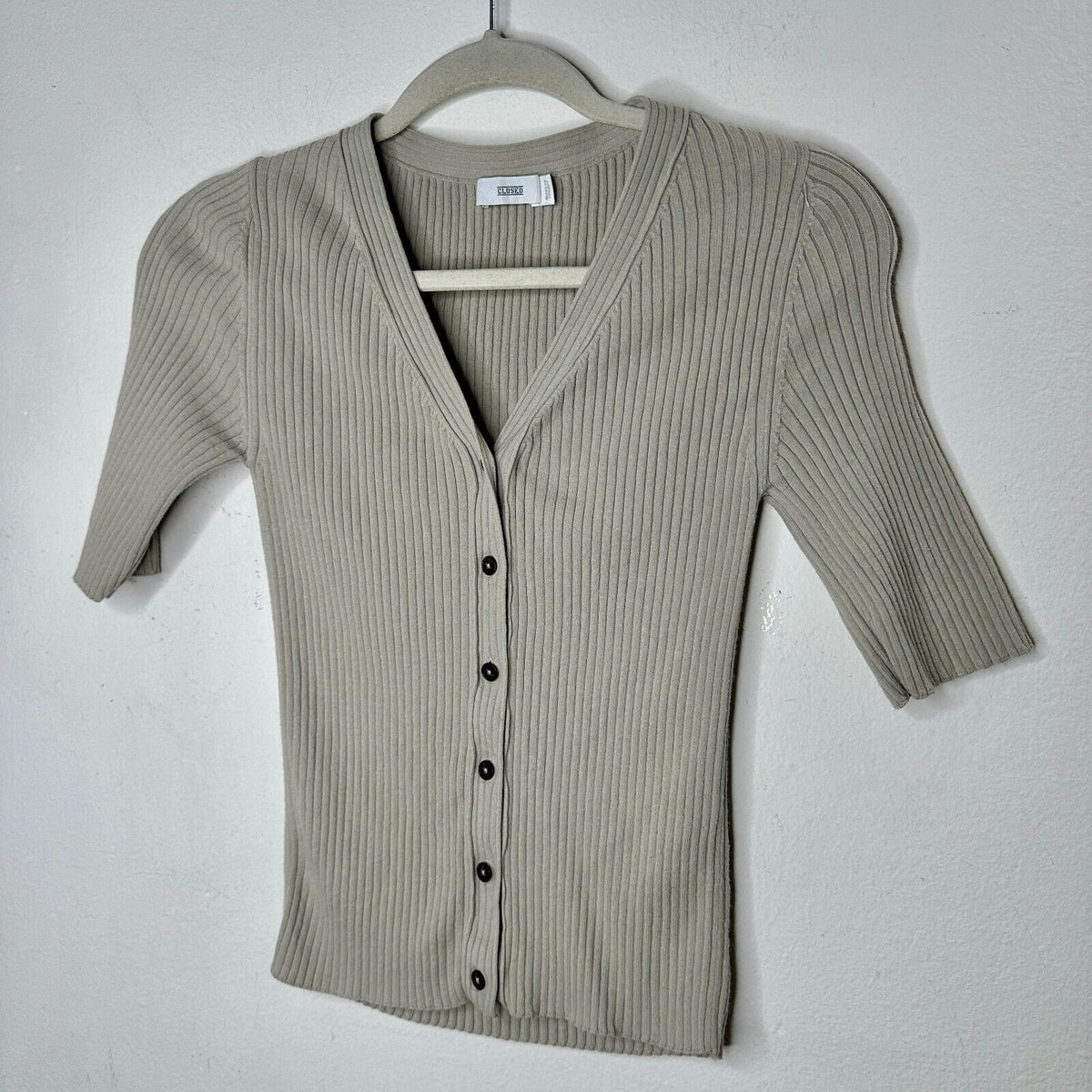 Closed Stone Gray Ribbed Knit V-Neck Front Button Short Sleeve Cardigan Top XXS