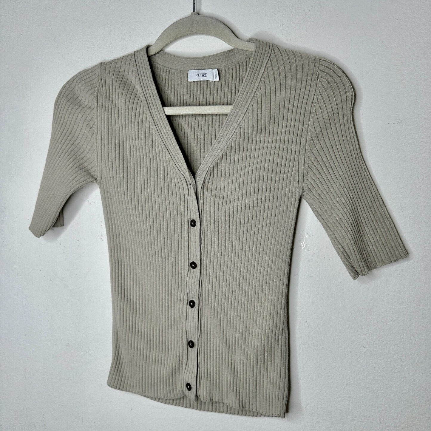 Closed Stone Gray Ribbed Knit V-Neck Front Button Short Sleeve Cardigan Top XXS