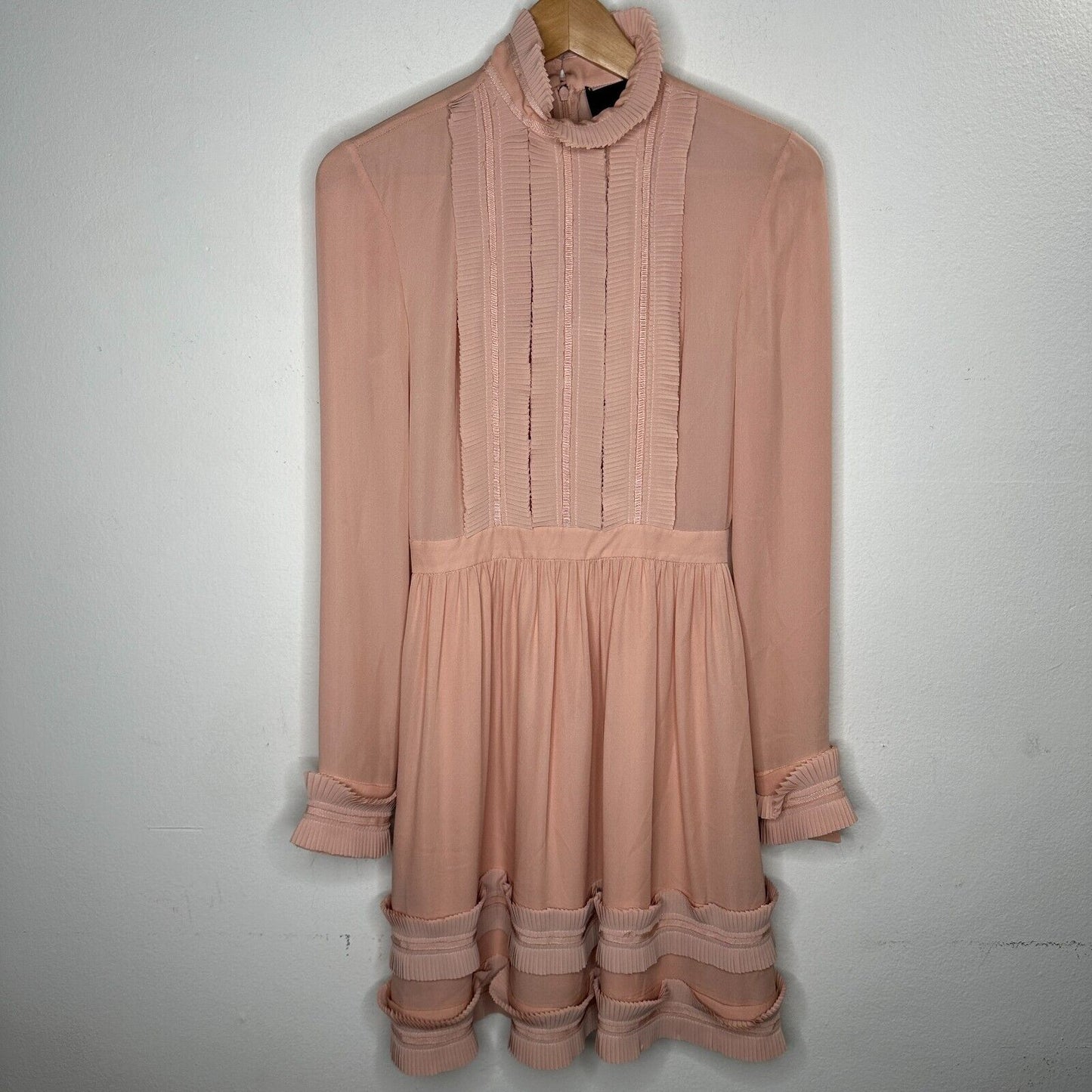 Nicholas Peachy Pink Fine Pleat Silk Long Sleeve Mini Ruffles High Neck Dress 0
