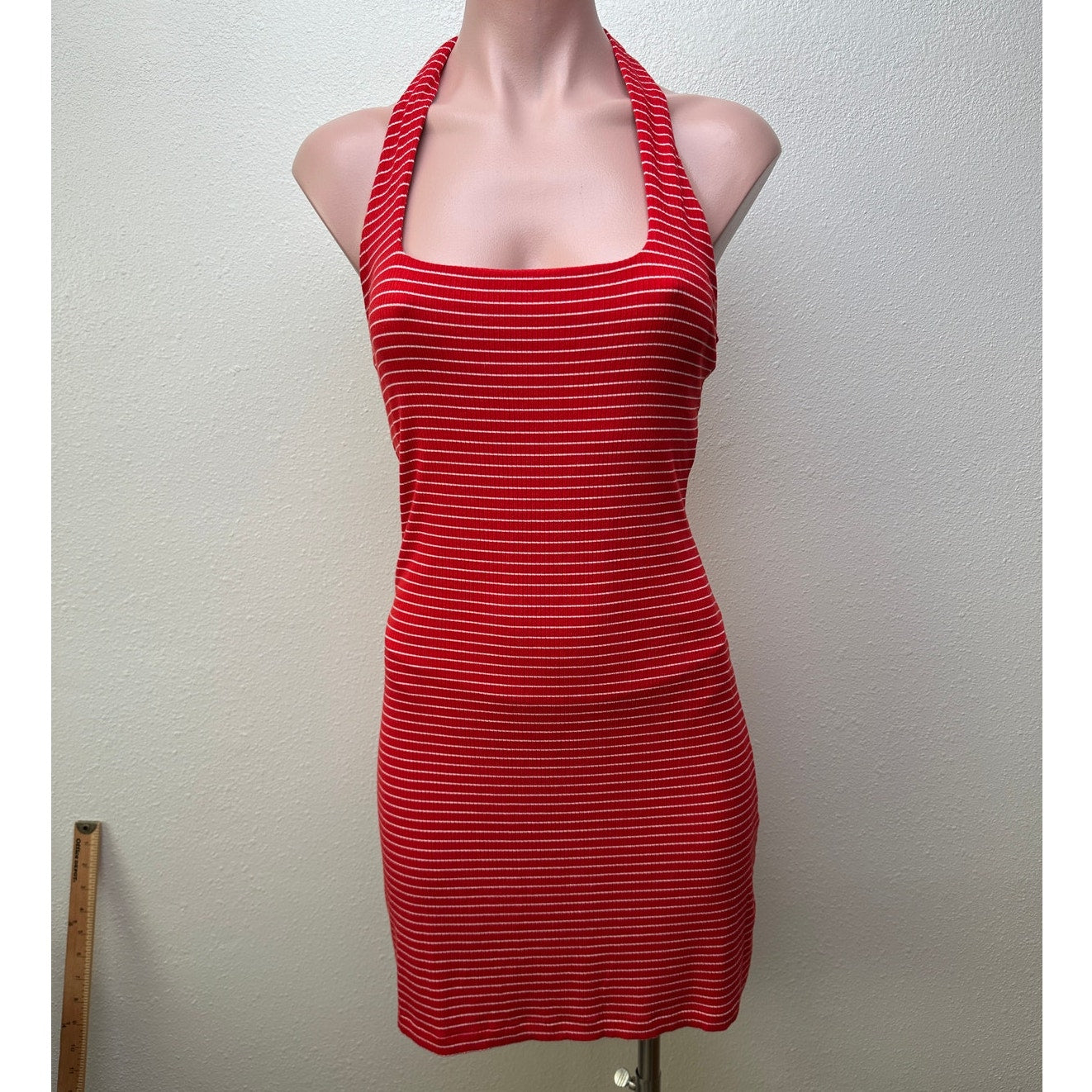 L Space Halter Mini Dress Red White Striped Ribbed Bodycon S