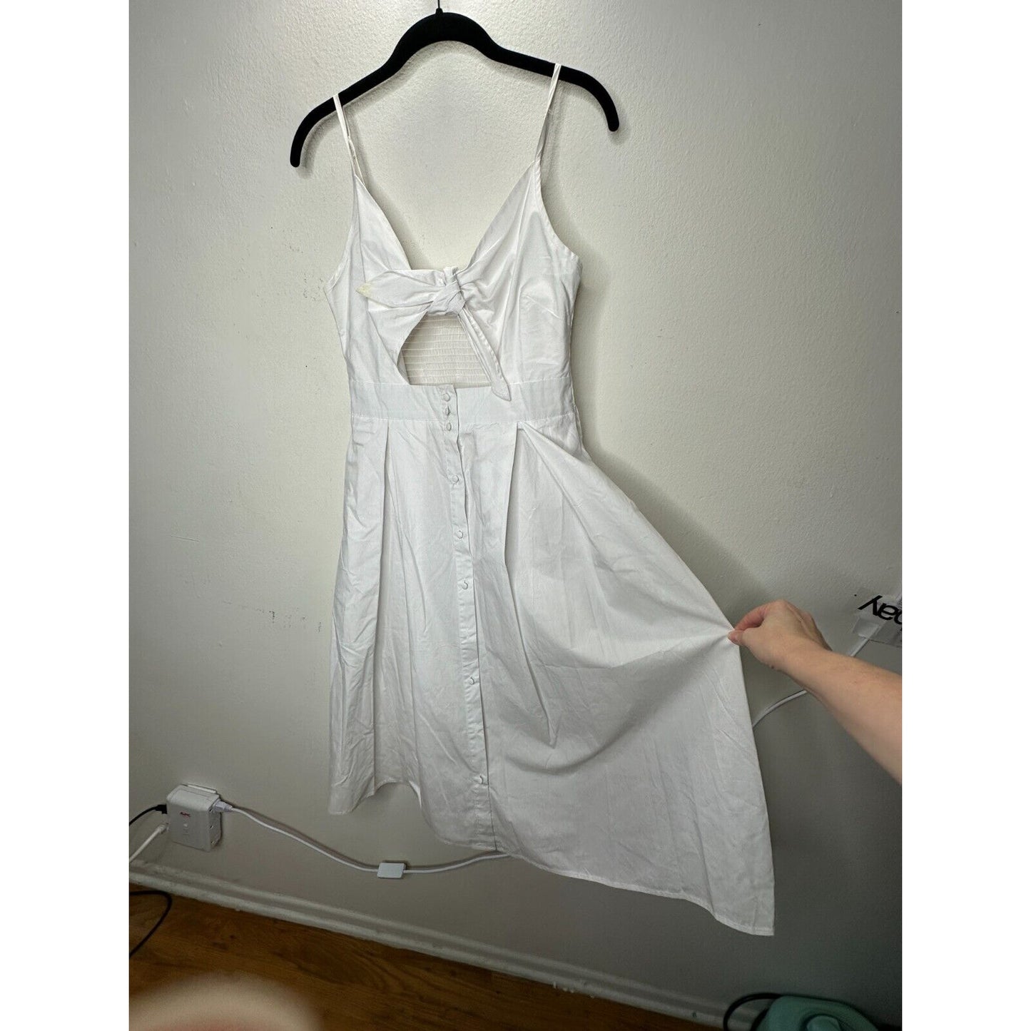 White Front Tie Spaghetti Strap Open Stomach Front Button Flowy Summer Dress M