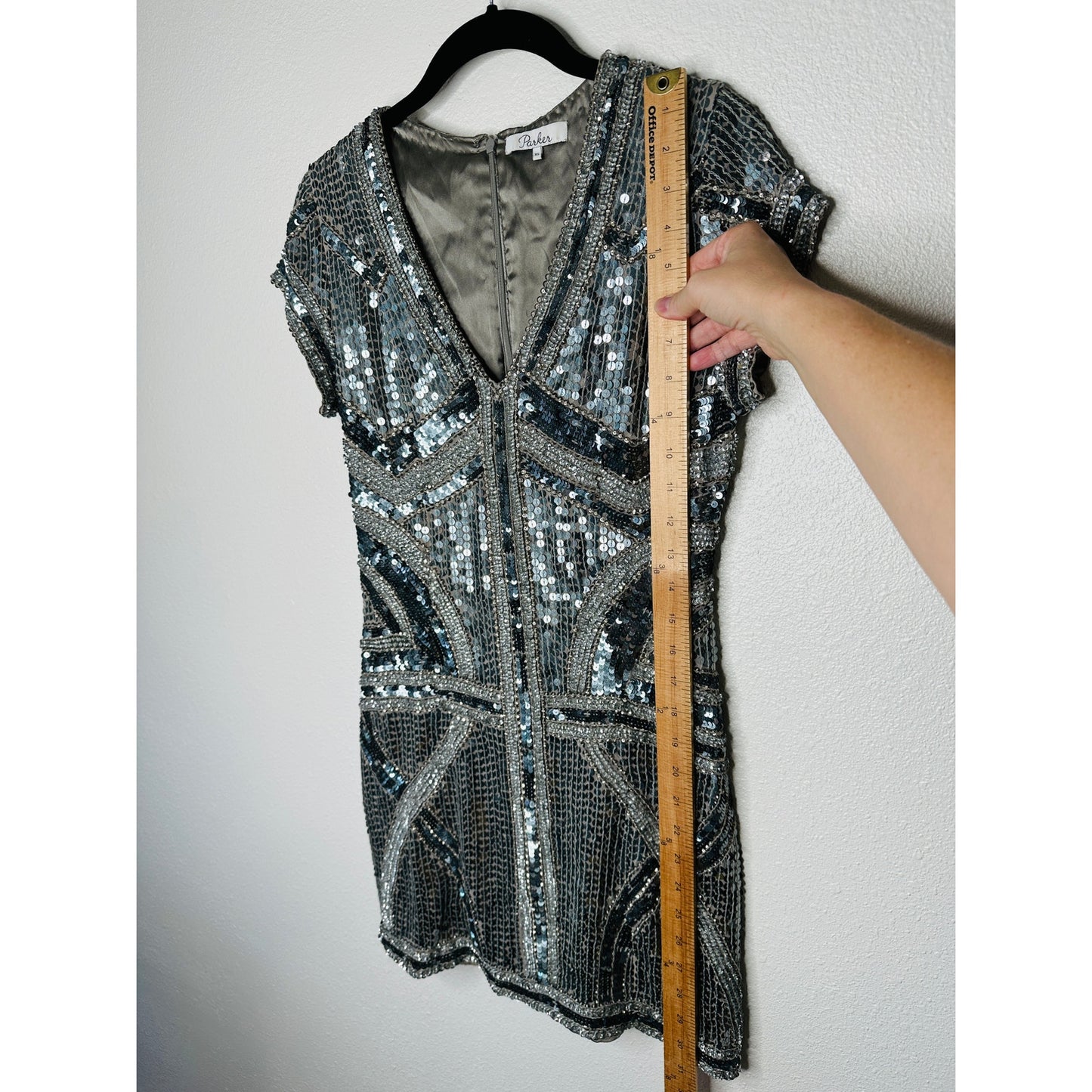 Parker Gray Silver & Rose Gold Sequin Aztec Print V-Neck Cap Sleeve Mini Dress S