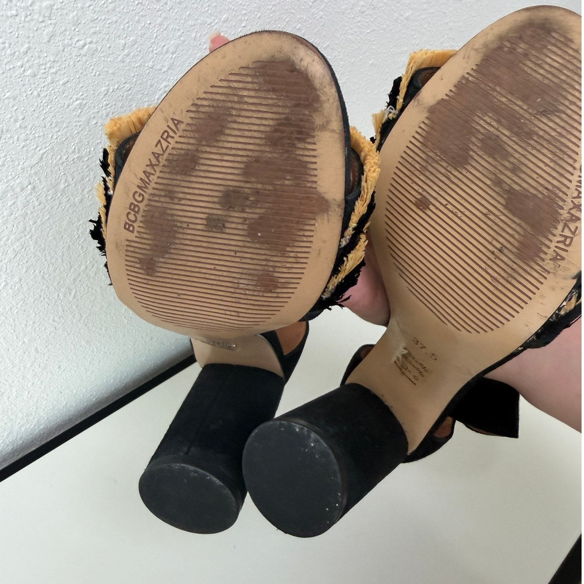 BCBGMaxAzria Alonza Raffia Heels Black Tan Womens US 7.5