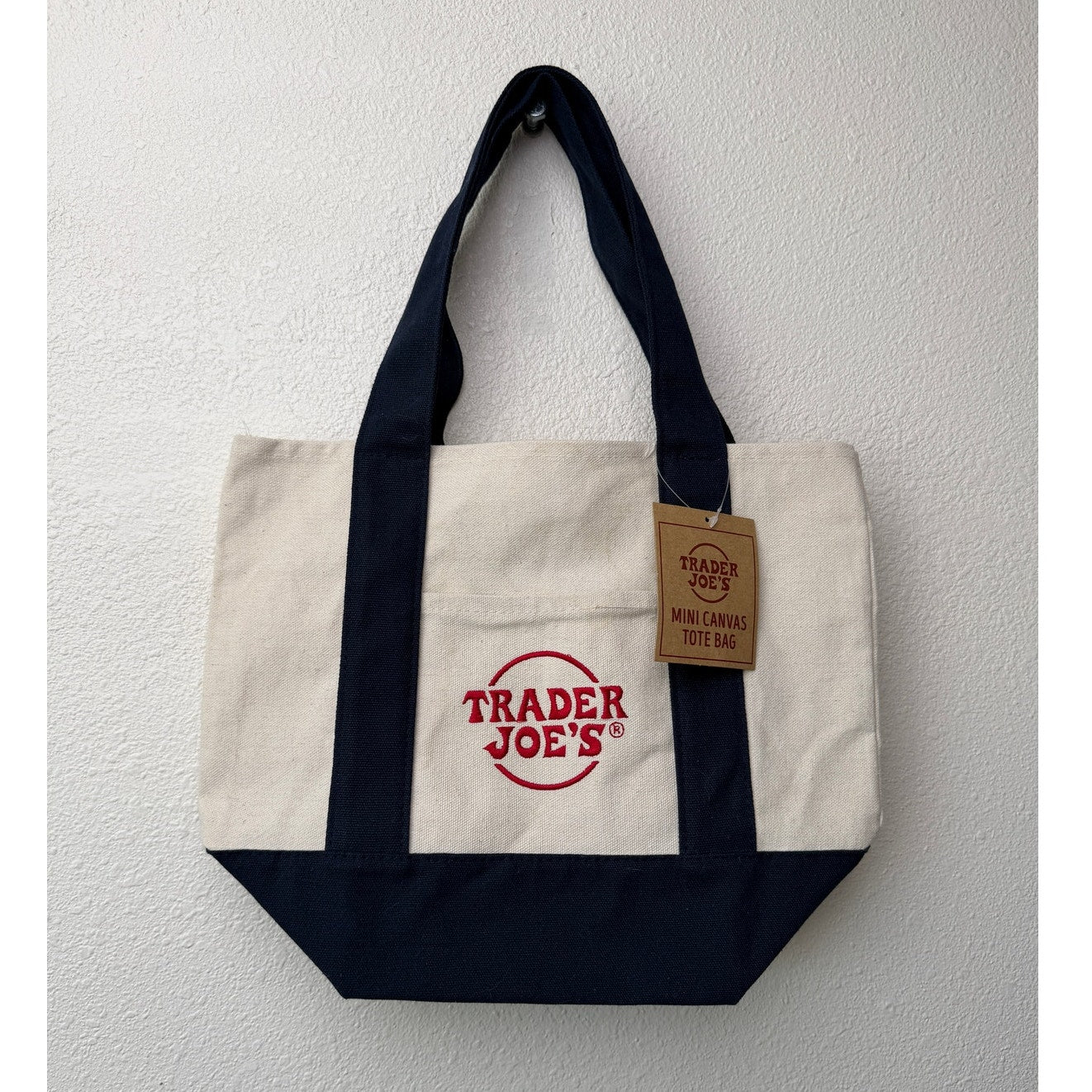 NWT Trader Joe’s Mini Canvas Tote Bag Navy Cream Red Logo Grocery Shopper