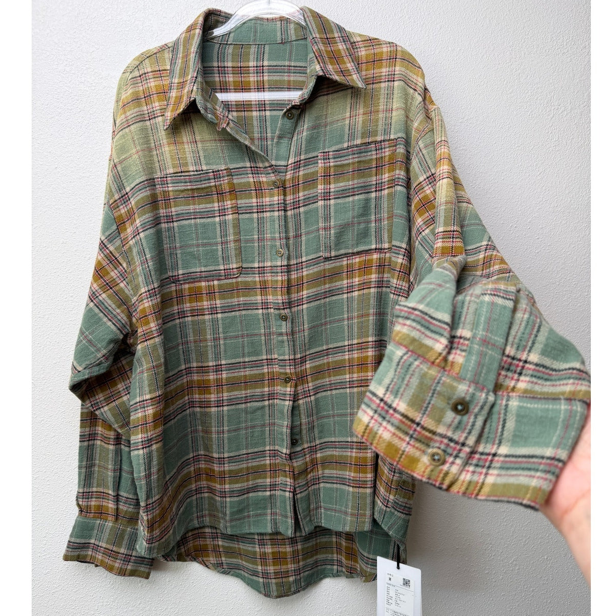 NWT Warden Edge Sage Plaid Oversized Shirt Women M