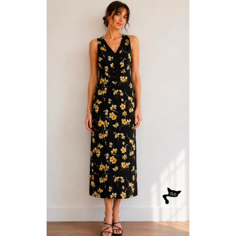 NWT Alyn Paige Black Multi Color Floral Sleeveless V-Neck Button Midi Dress 8