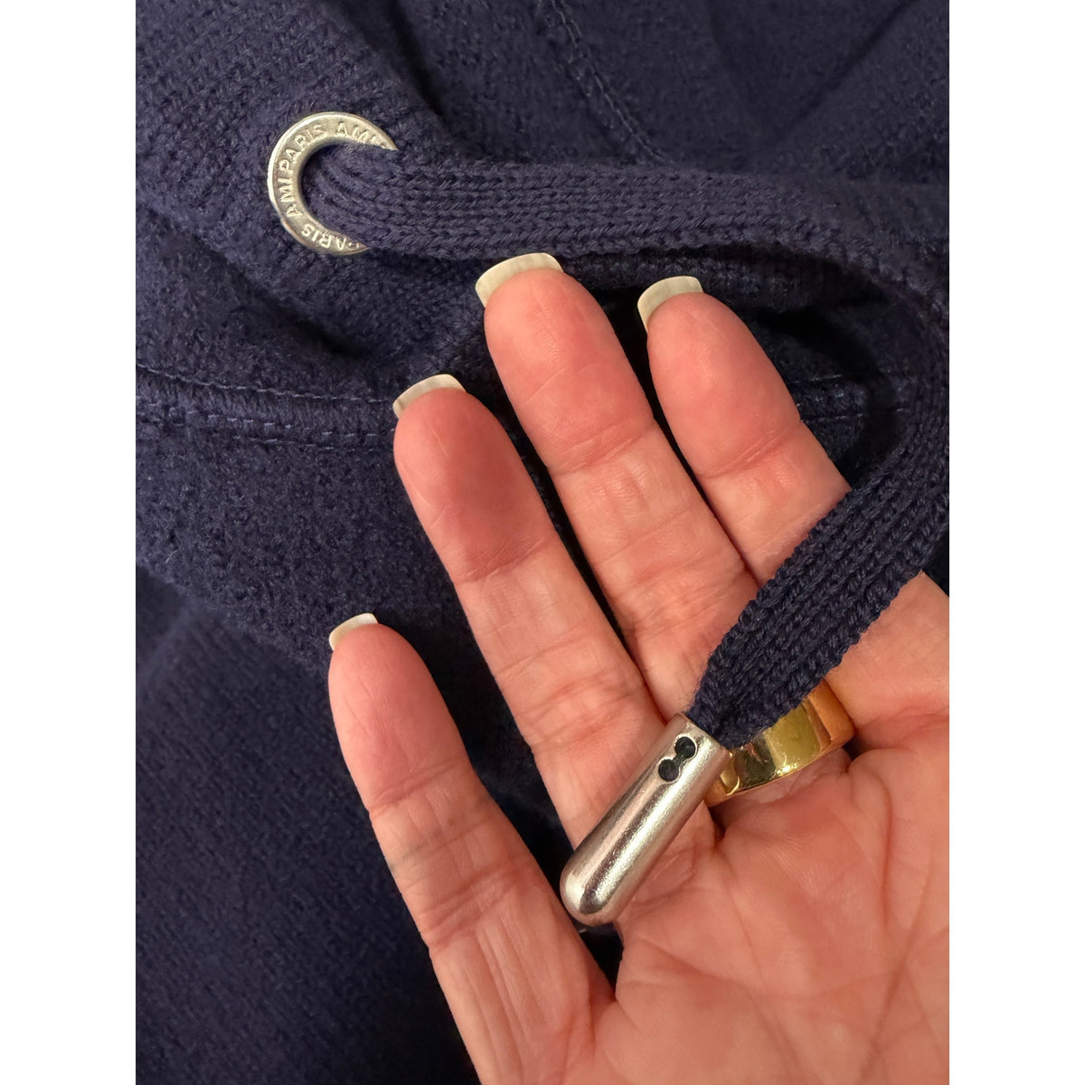 AMI Paris Ami de Coeur Heart Logo Navy Wool Knit Hoodie Men's US L
