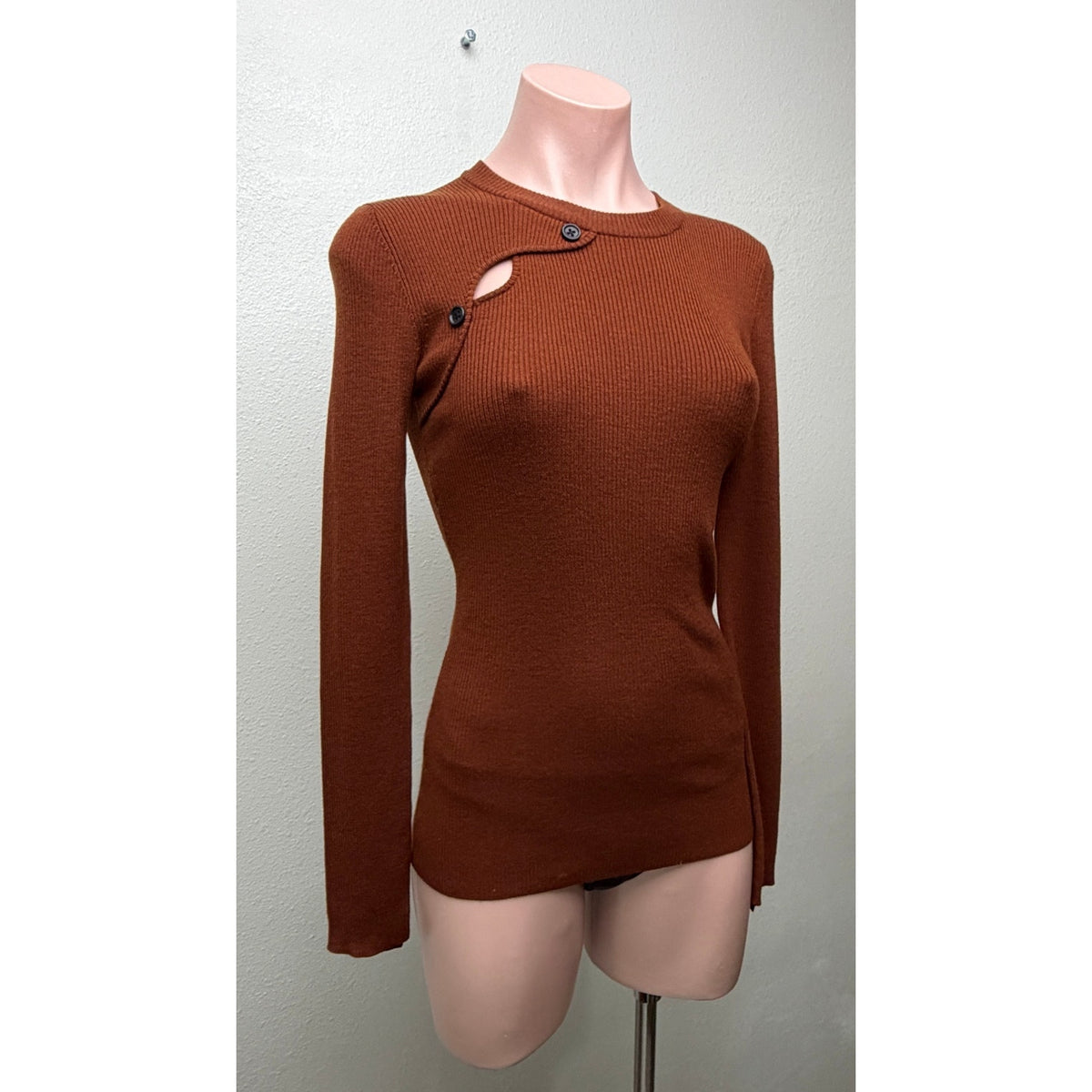 A.L.C. Rust Ribbed Cutout Button Sweater Women S