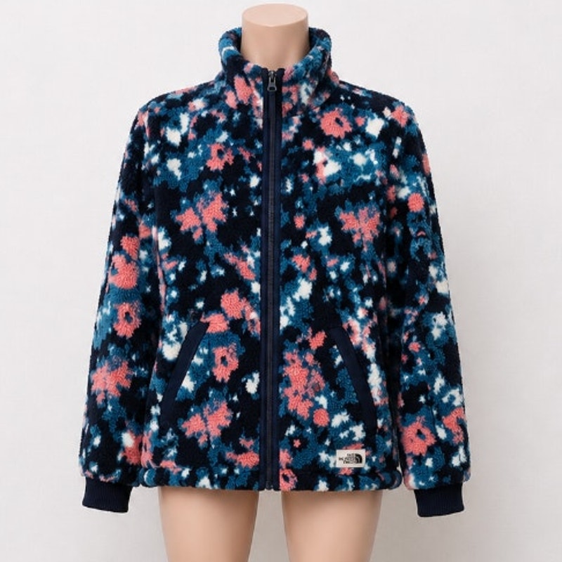 Northface Campshire Cozy Blue Peach Cream Abstract Floral Zip Fleece Jacket Med
