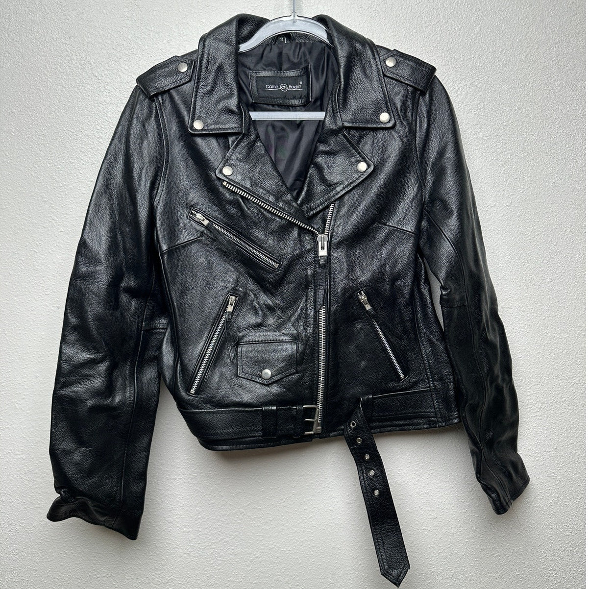 Carrie Hoxton Black Leather Moto Biker Jacket Women’s 14 Belted Zip