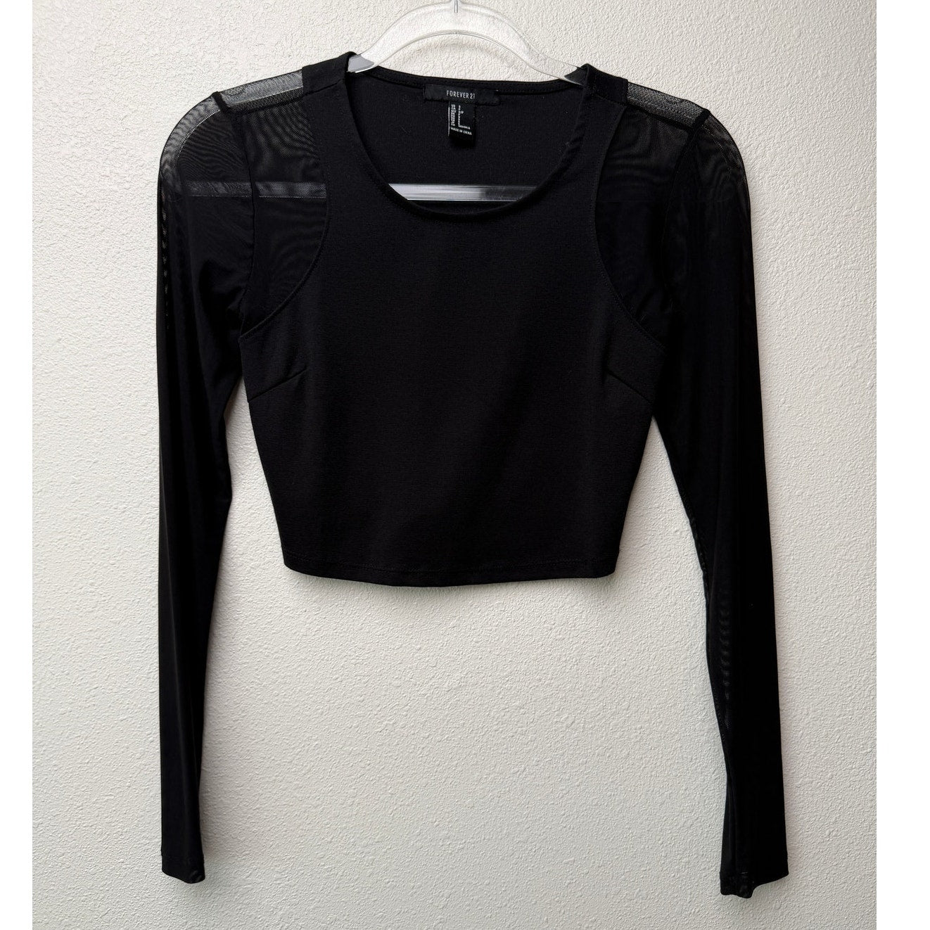 Forever 21 Black Mesh Long Sleeve Open Back Crop Top Size S
