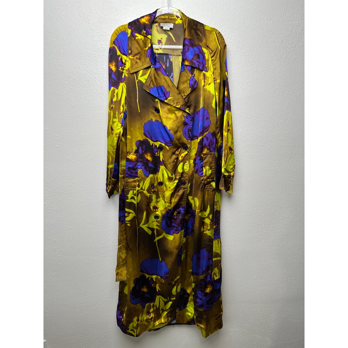 Dries Van Noten floral satin trench coat yellow women US 8 double-breasted