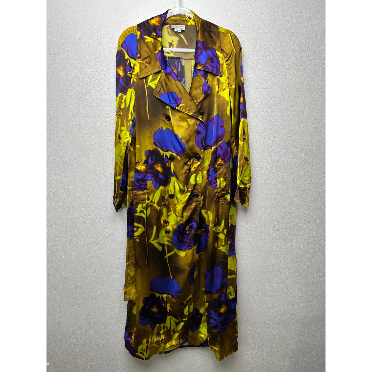 Dries Van Noten floral satin trench coat yellow women US 8 double-breasted
