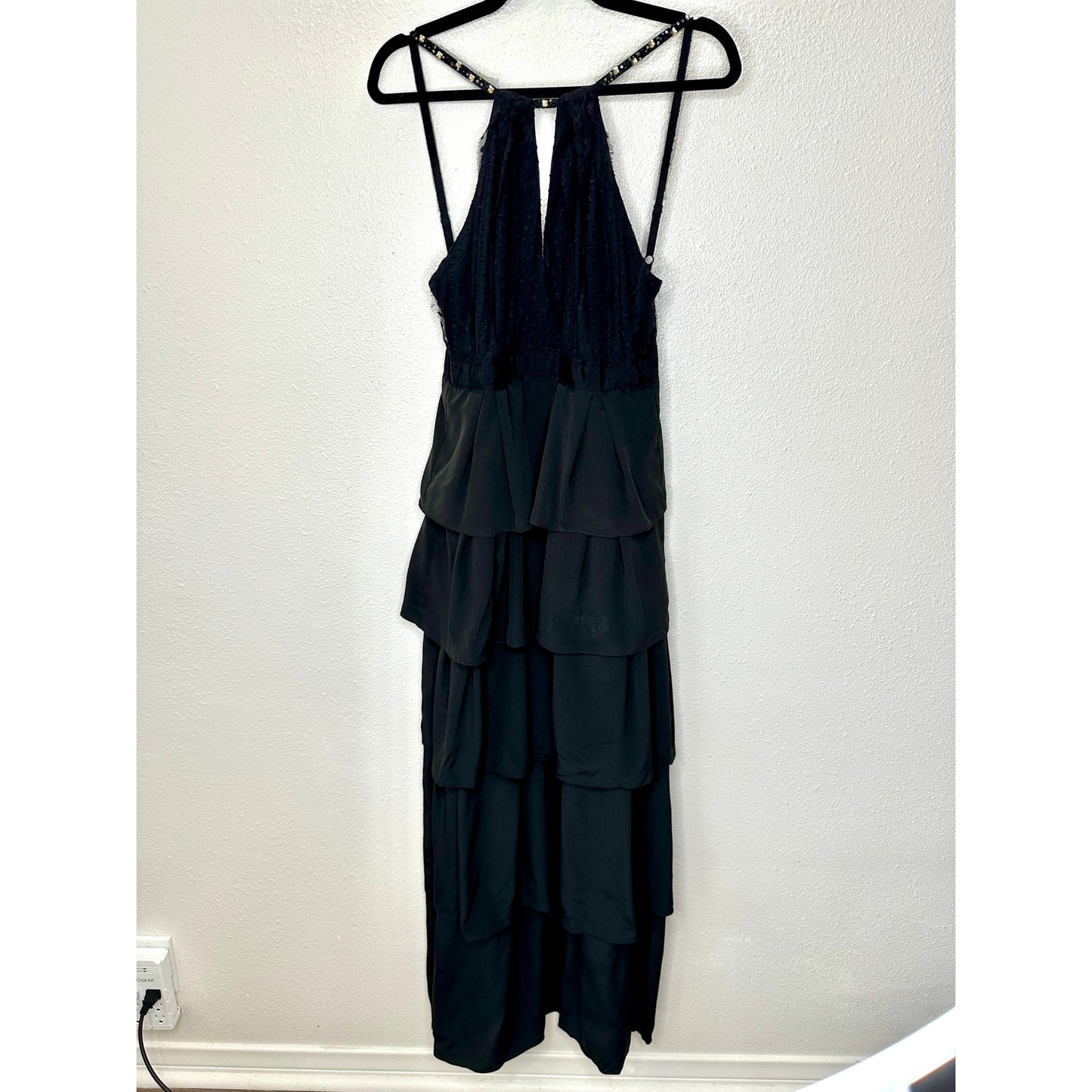 BCBGMAXAZRIA Black Lace Tiered Ruffle Low Back Keyhole Front Maxi Dress 4
