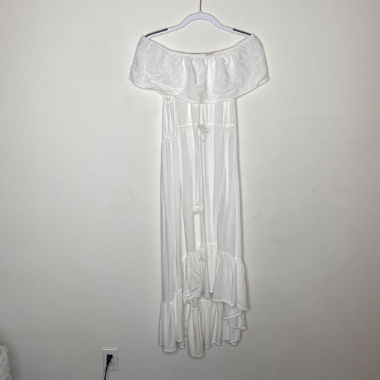 Aqua White Off-Shoulder Flowy Boho Dress Tiered Ruffle Empire Tie Waist Maxi Med