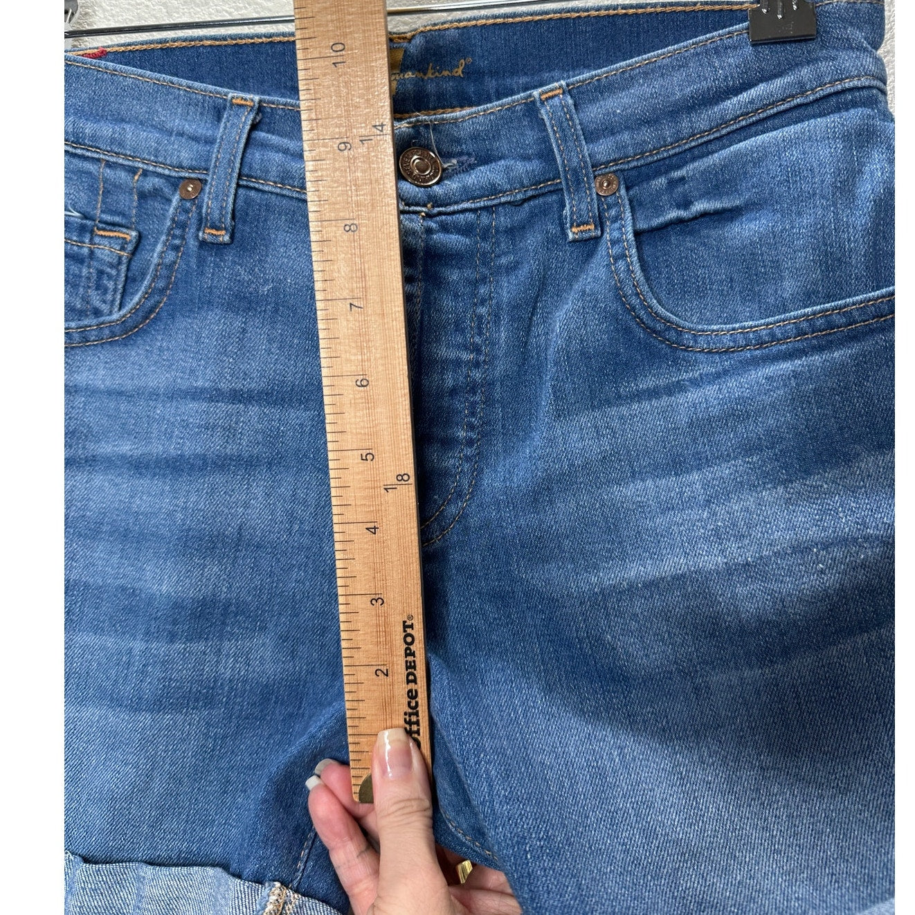 7 For All Mankind Medium Wash Mid Rise Button Fly Roll Up Cuff Jean Shorts 26