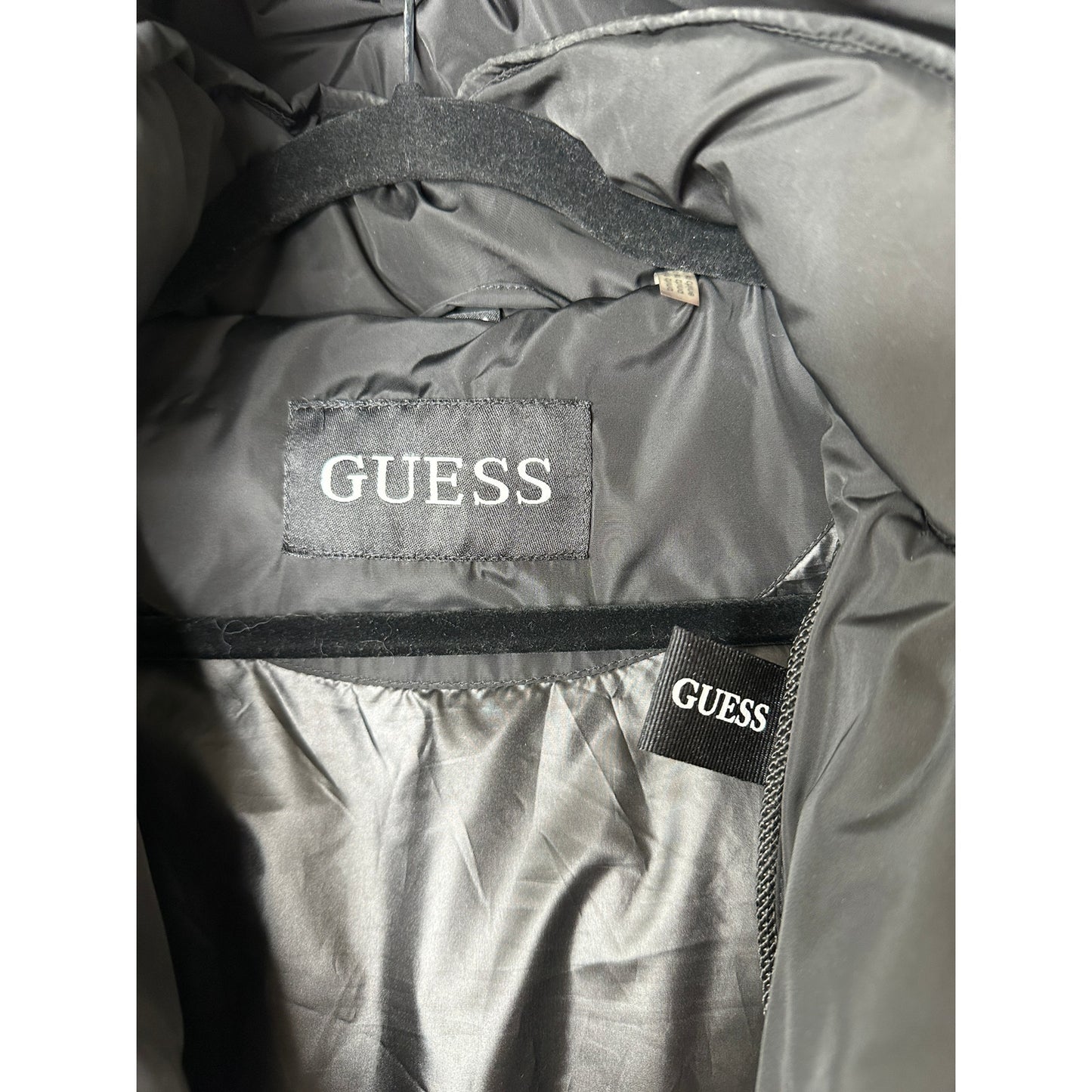 Guess Black Long Line Front Zip Hooded Puffer Jacket S