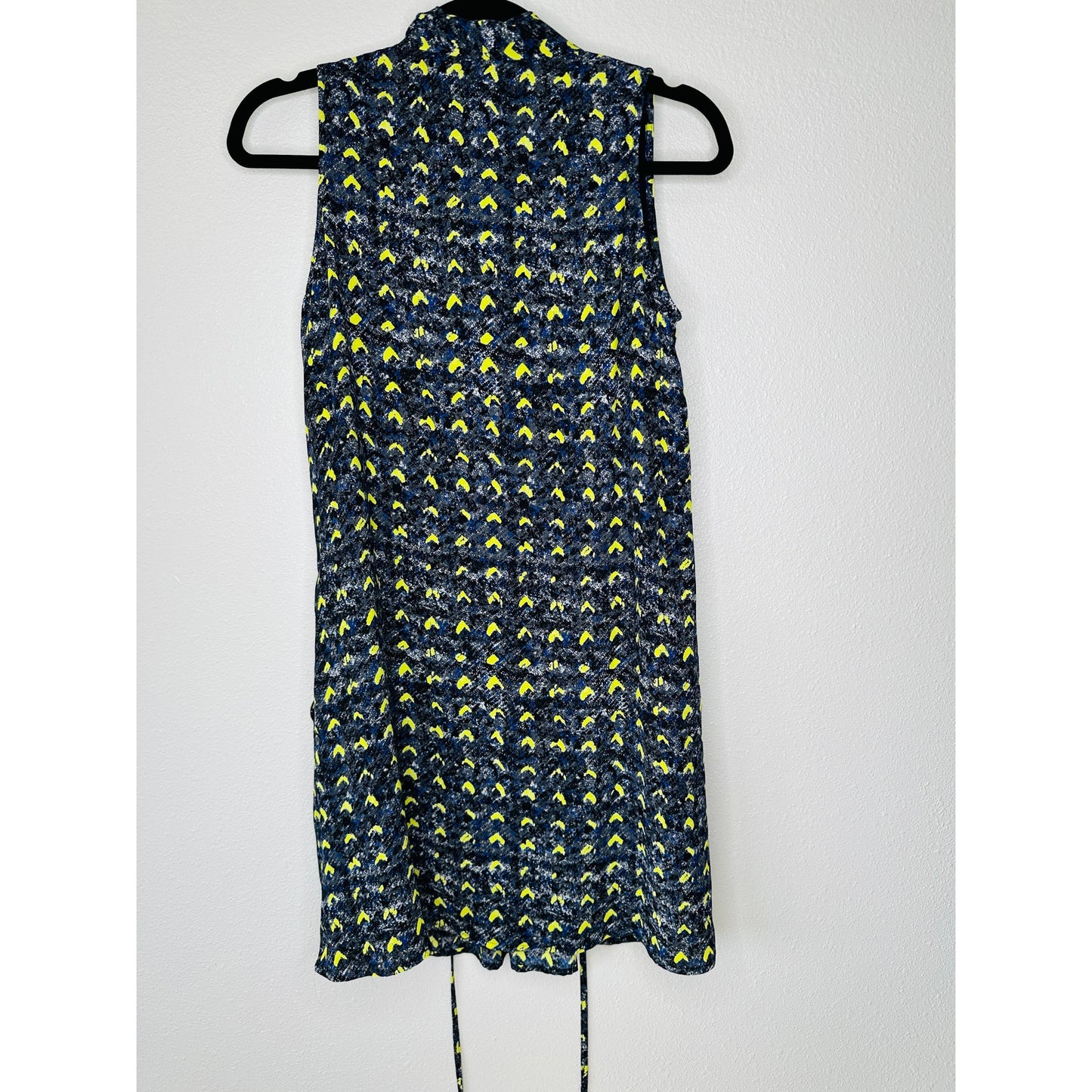 Aqua Florescent Yellow Blue Gray Print Faux Wrap Dress XS