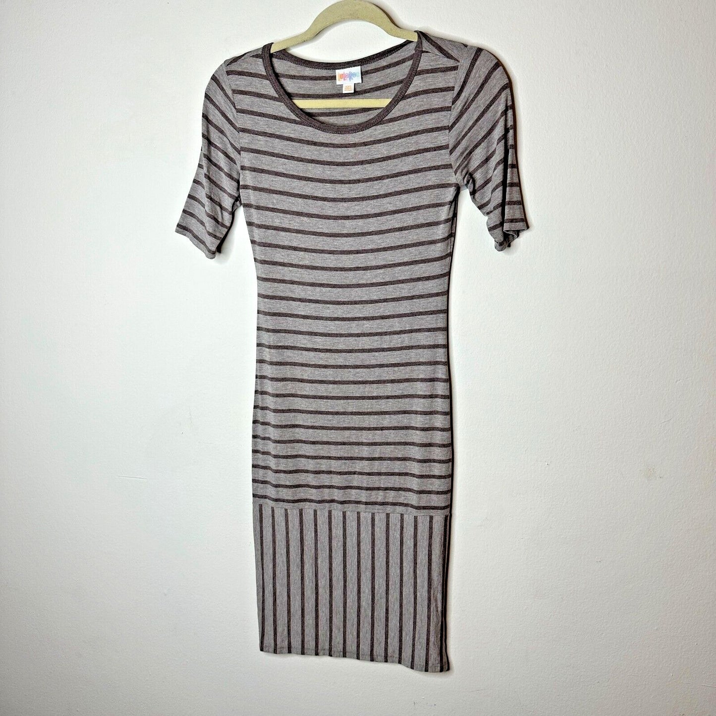 Julia Midi Gray-Stripe Short Sleeve Pullover Stretch Bodycon Dress XXS