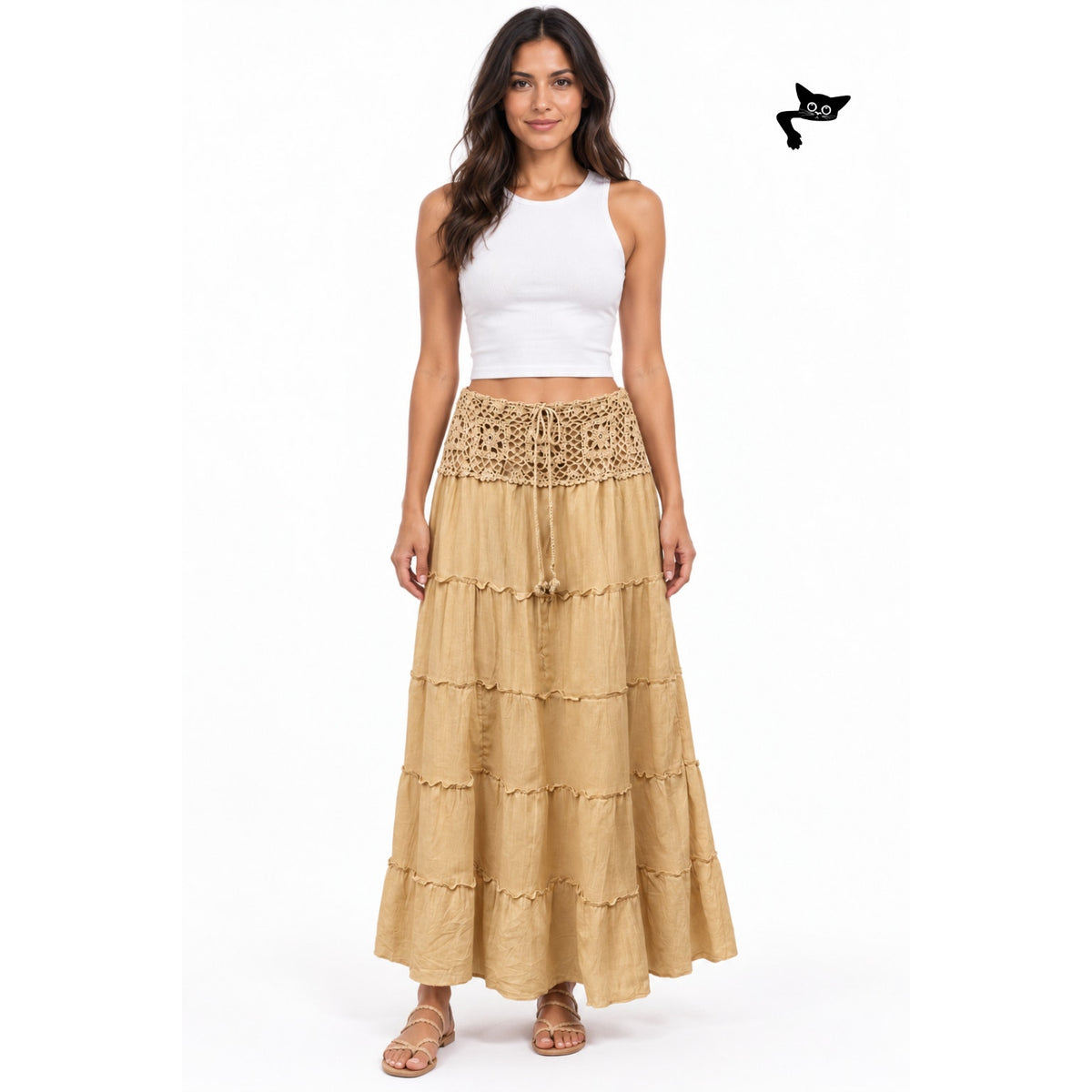 GUC Beige Crochet Waist Cotton Tiered Maxi Skirt Women