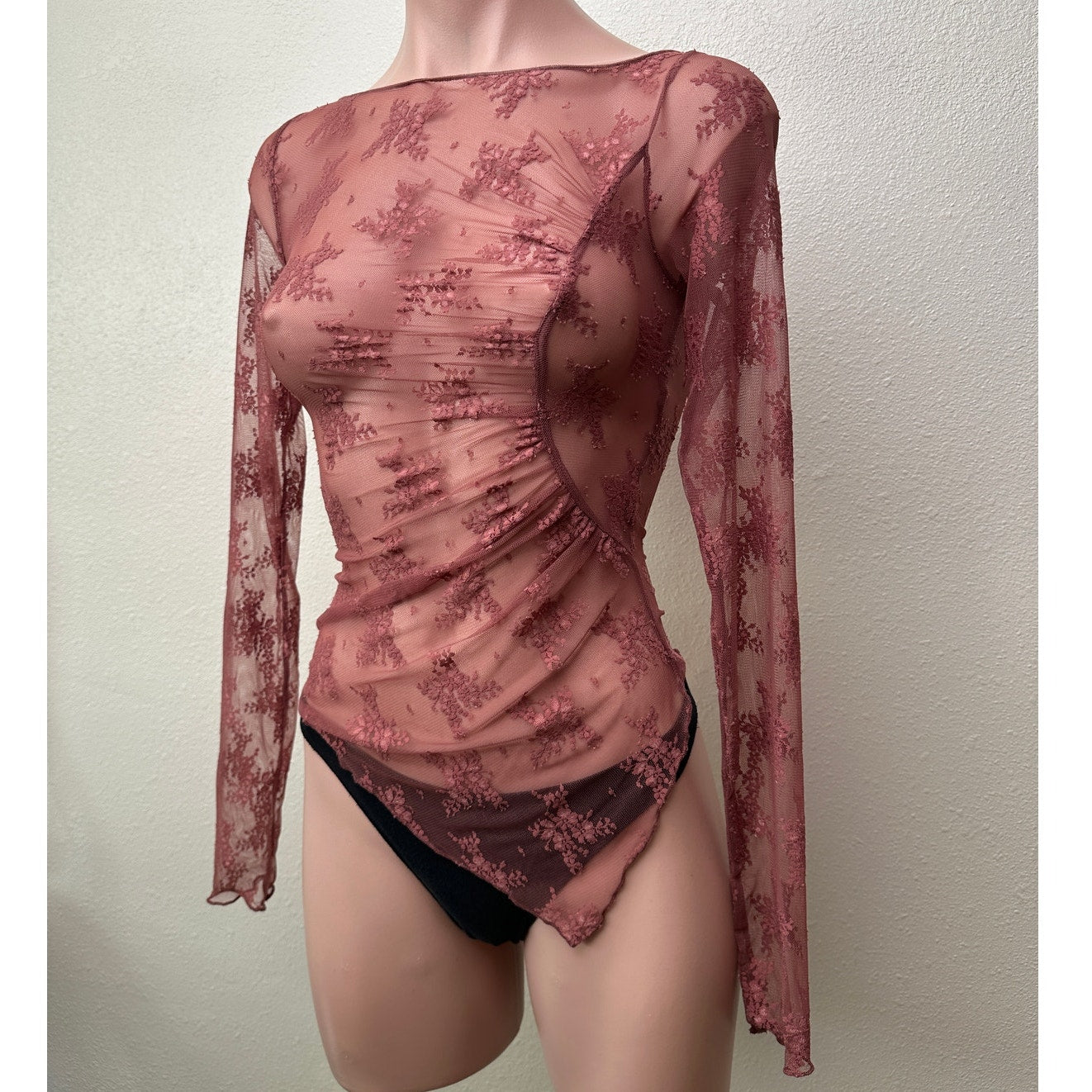 Free People Mauve Sheer Ruched Lace Top XS