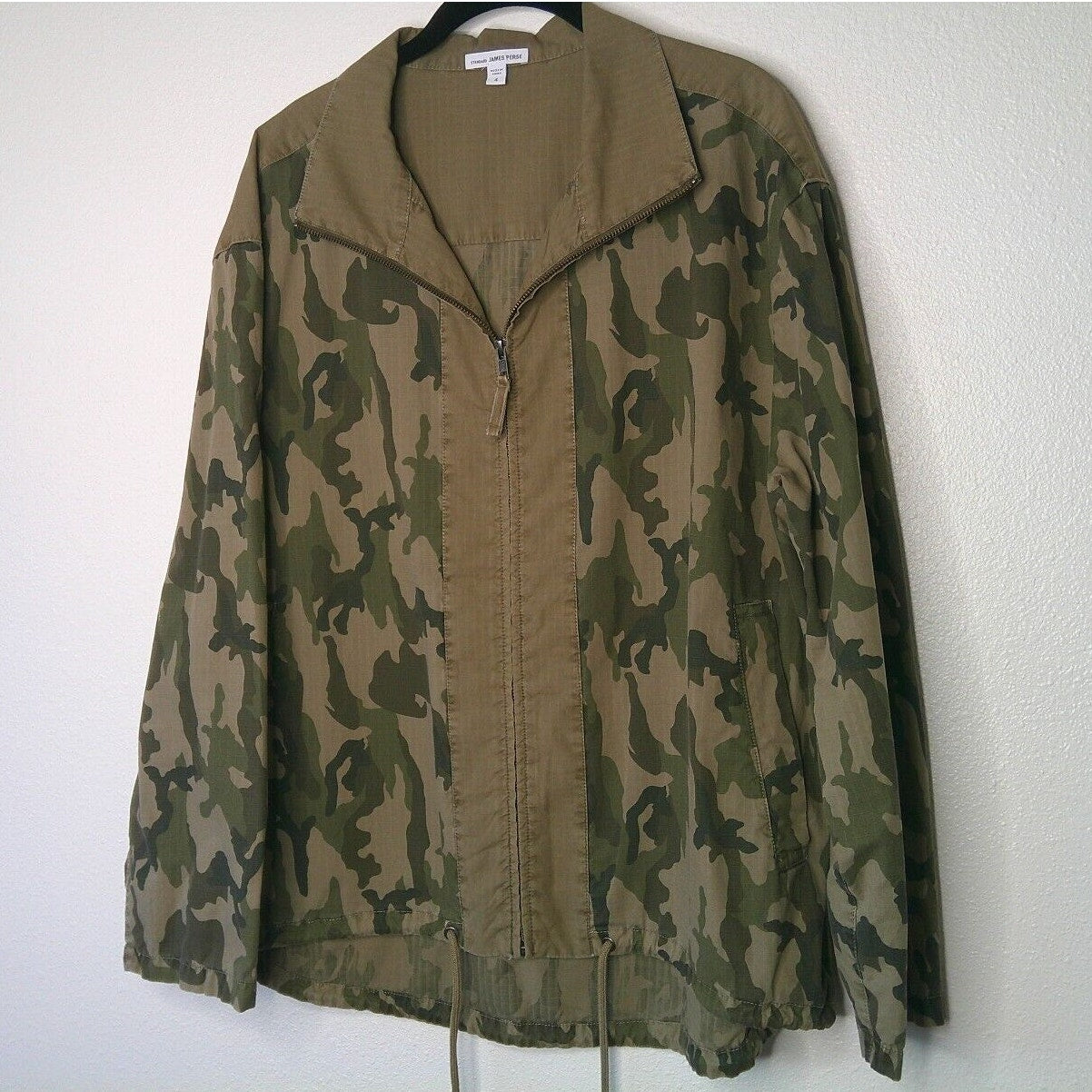 James Perse Army Green Tan Camo Print Zip Band Neck Long Sleeve Jacket 4 / XL