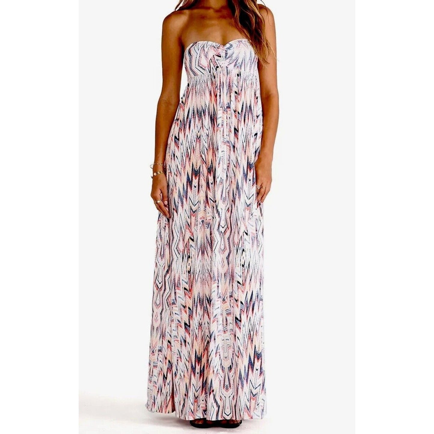 Ella Moss Xander Bandeau Style Pleated White Blue Red Aztec Print Maxi Dress SM