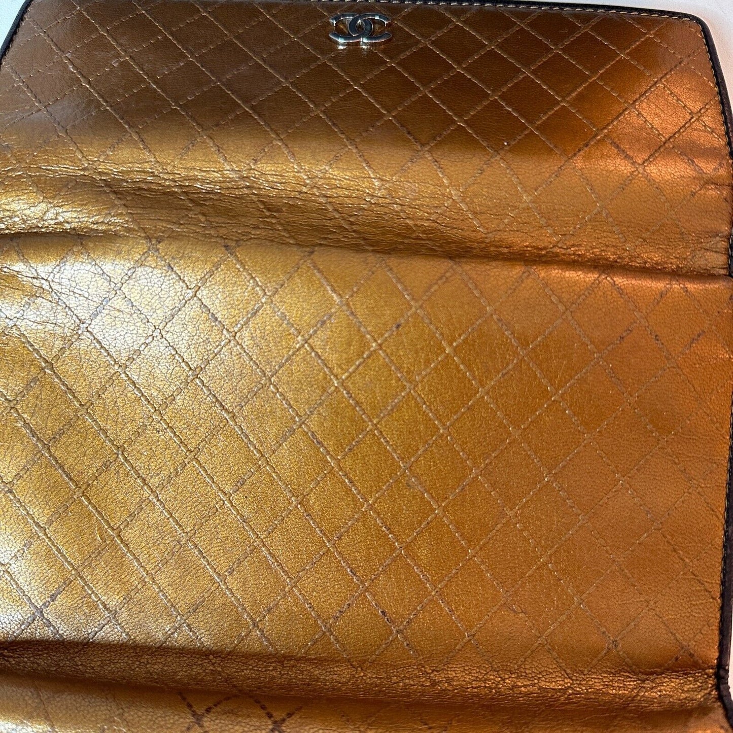 Authentic Chanel Tri-Fold Wallet Gold & Black Interior Trim Leather gold CC Logo