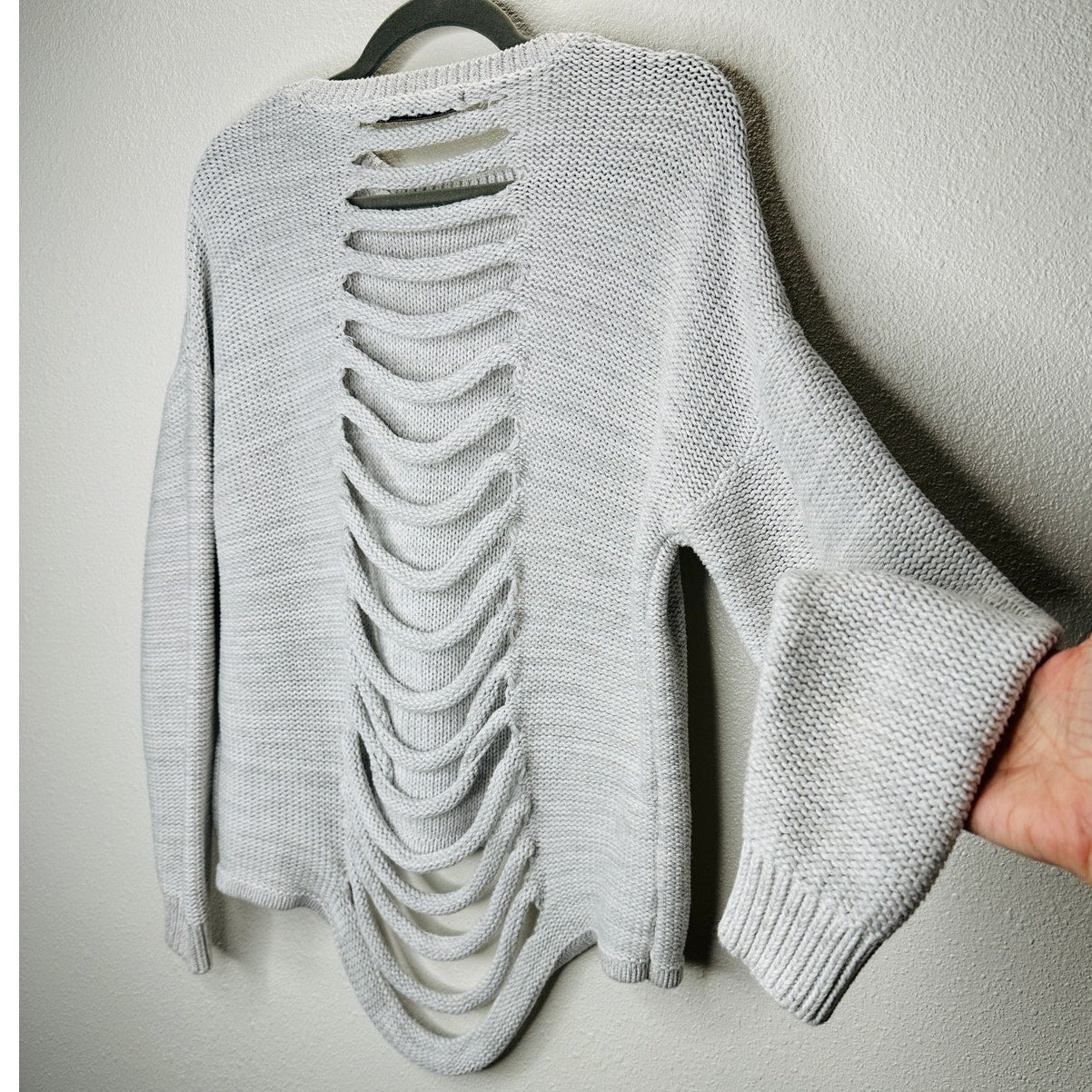 Stitches & Stripes Light Gray Crew Neck Distressed Back Sweater XLP