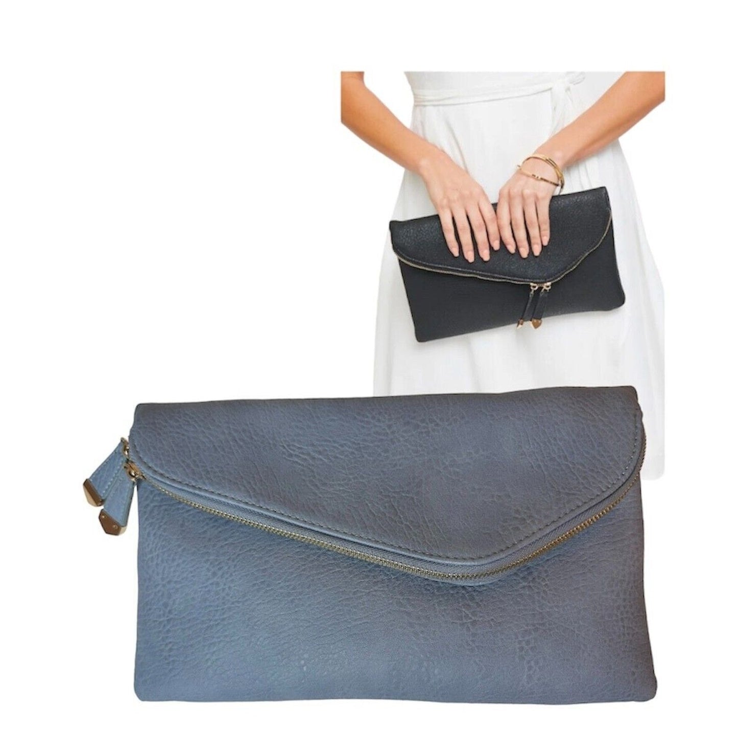 Urban Expressions Stella Dusty Blue Pebble Vegan Striped Interior Leather Clutch