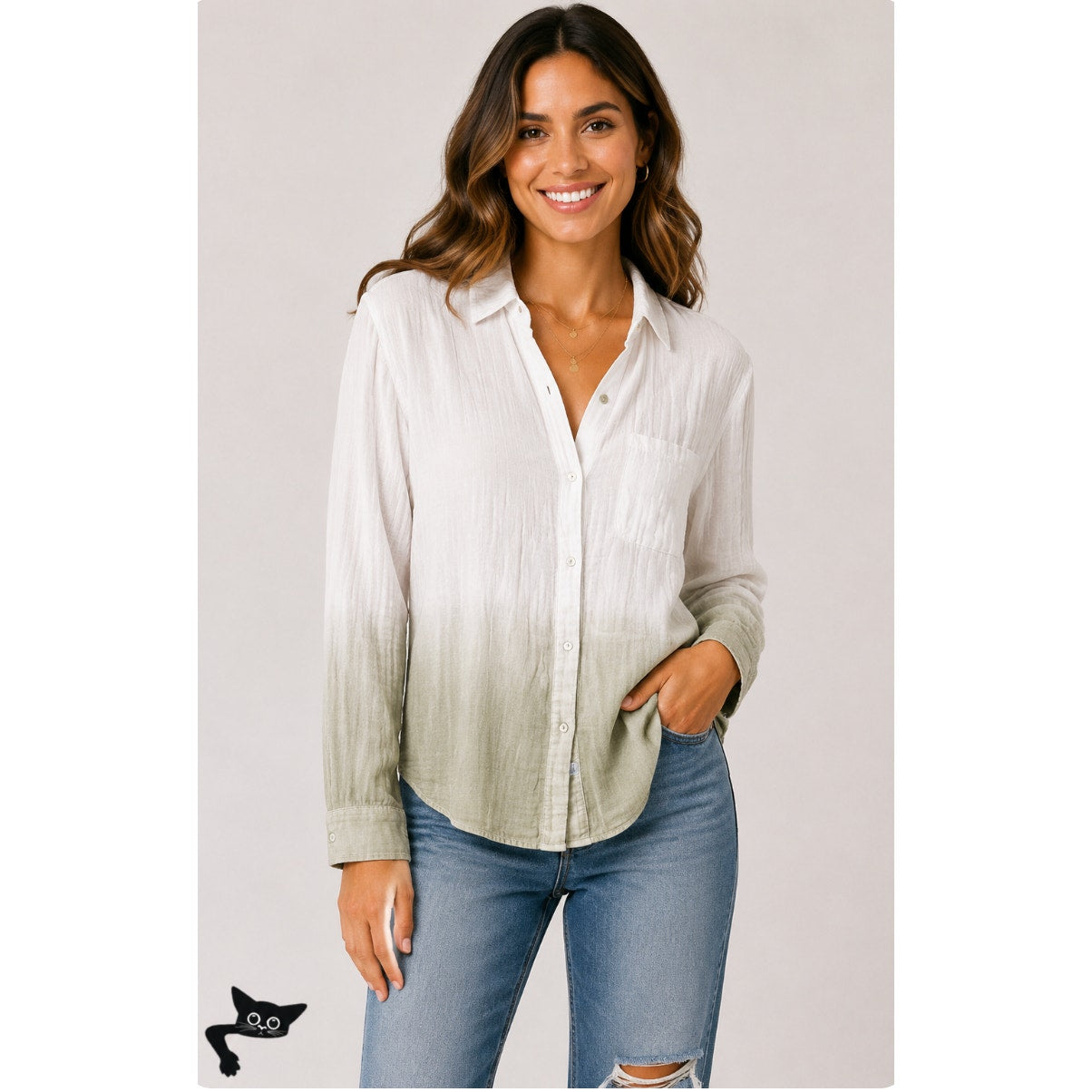 Rails Ellis Blue Mint Dip Dye Button Down Long Sleeve Chest Pocket Gauze Shirt
