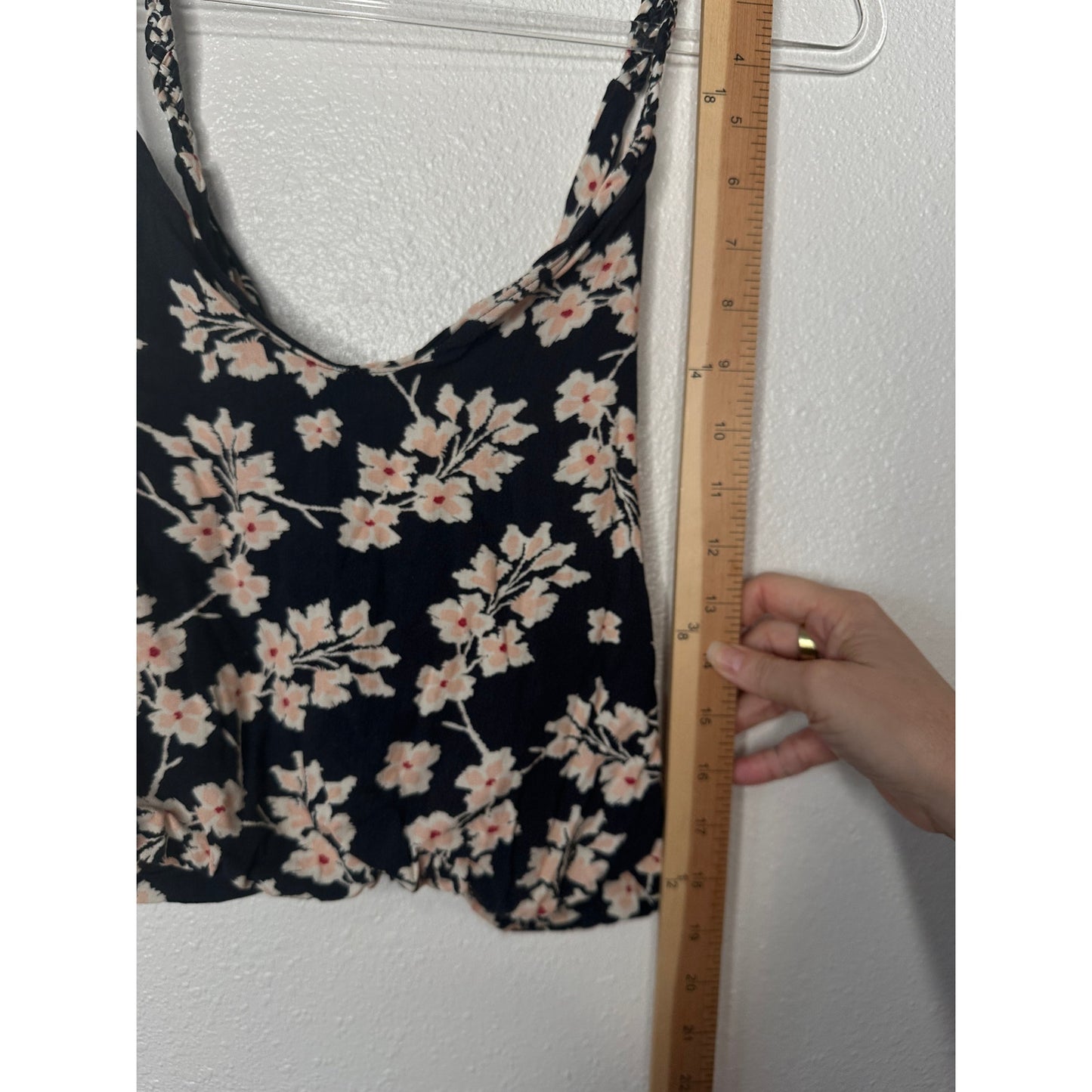 Boho Floral Braided Twist Back Tank Top XS Black Peach Cream Linen Summer Look