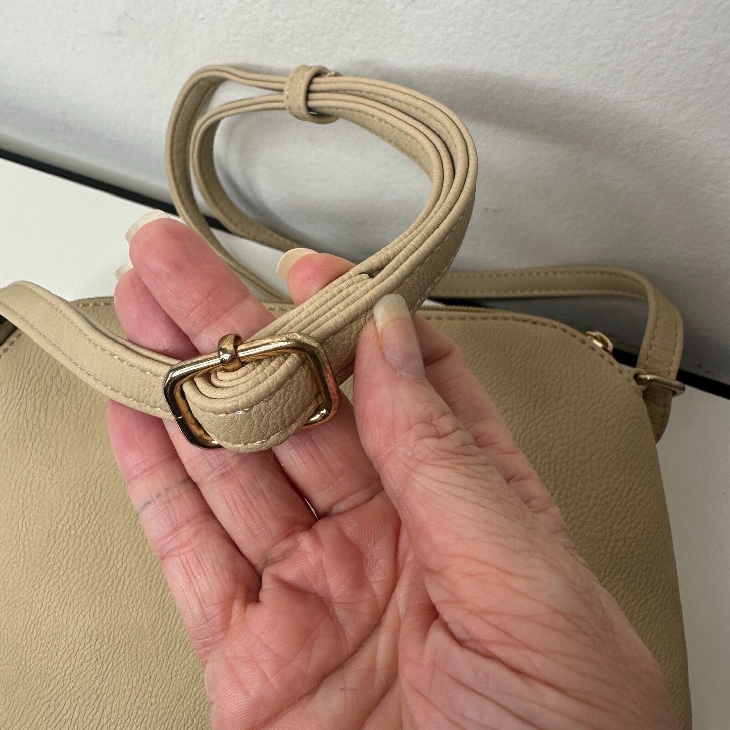 Desert Sand Tan and Gold Crossbody Bag Tassel Blue White Striped Interior Strap