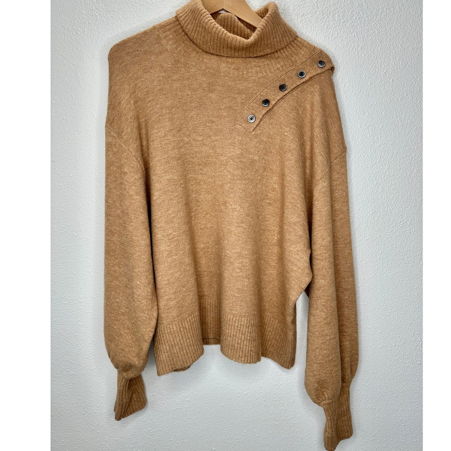 Marissa Webb Blake Camel Brown Button Cashmere Blend Turtleneck Sweater M