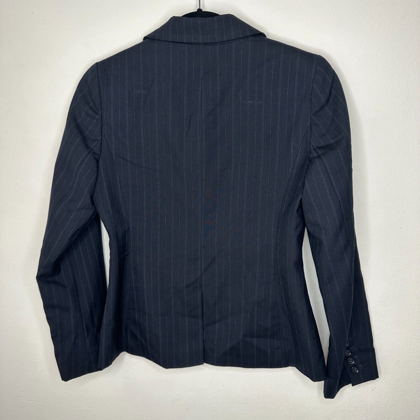 Ann Taylor Navy Pinstripe Crop Blazer Shawl Collar Button Sleeve Welt Pocket OP
