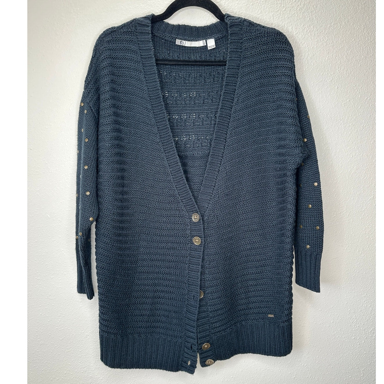 Volcom Black Cardigan Gold Studded Sleeves Gold Buttons