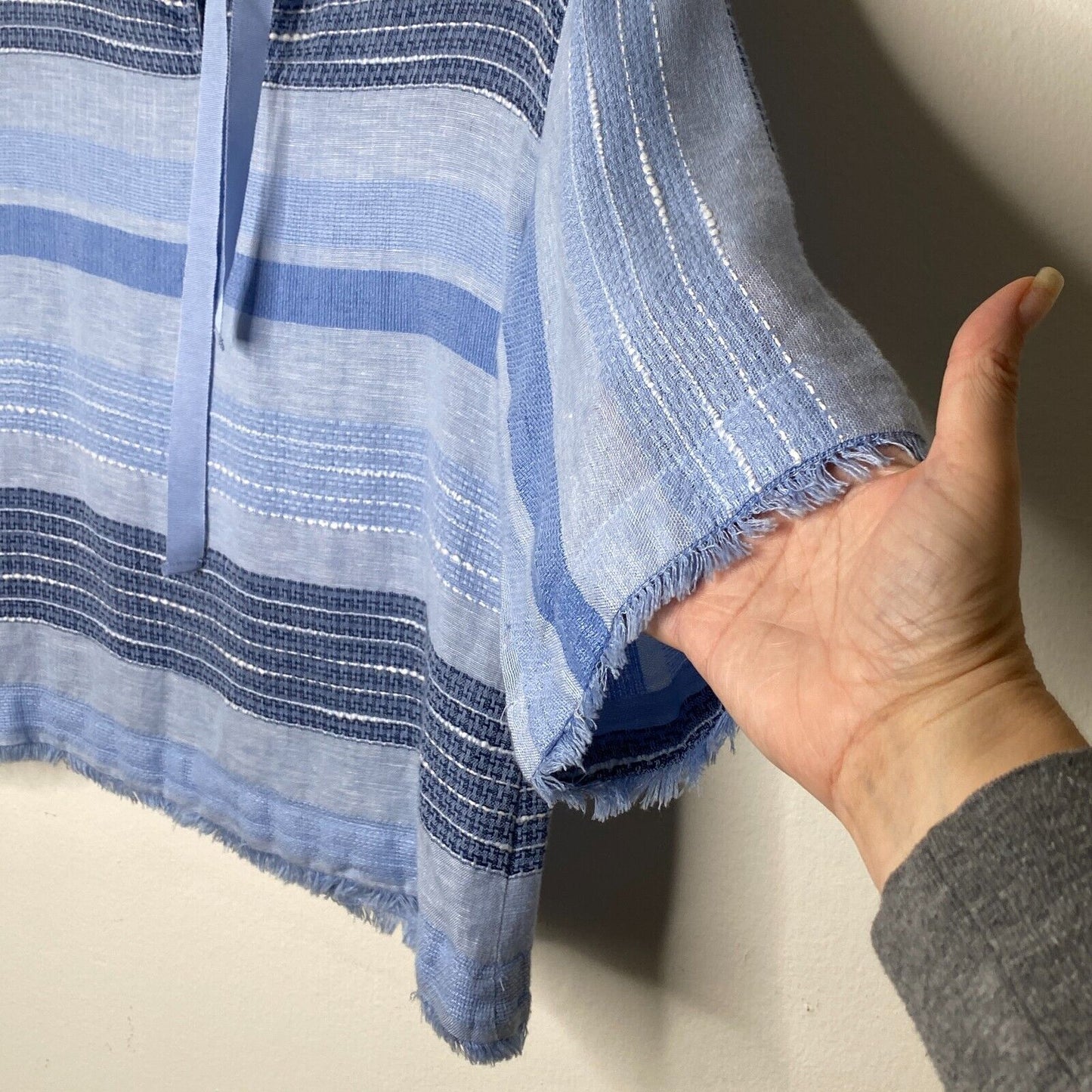 Cloth & Stone Light Blue & Navy Stripe Linen Bell Sleeve Raw Hem Tie Neck Top XS