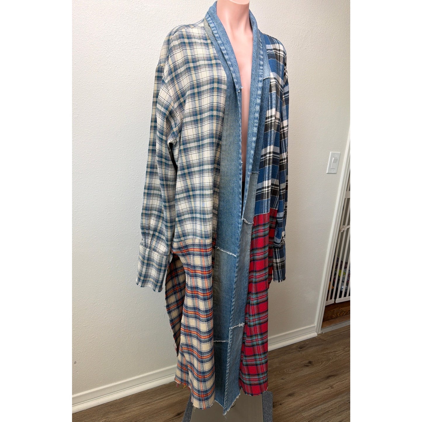 NWOT Greg Lauren Denim Studio Patchwork Plaid Kimono Coat Size S