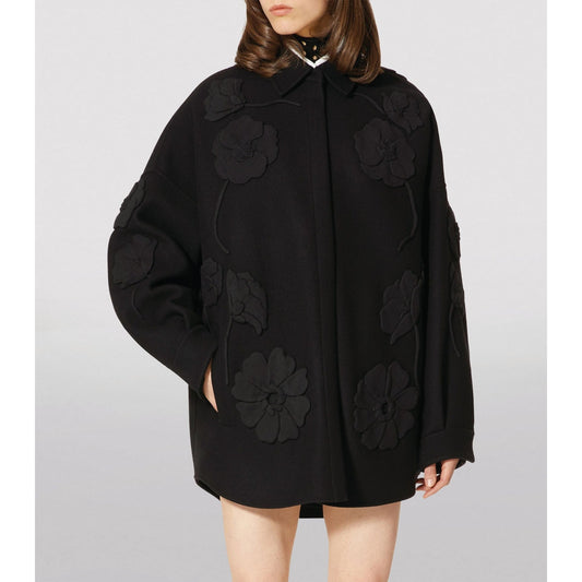 Valentino Garavani Black Wool-Cashmere Floral Applique Jacket